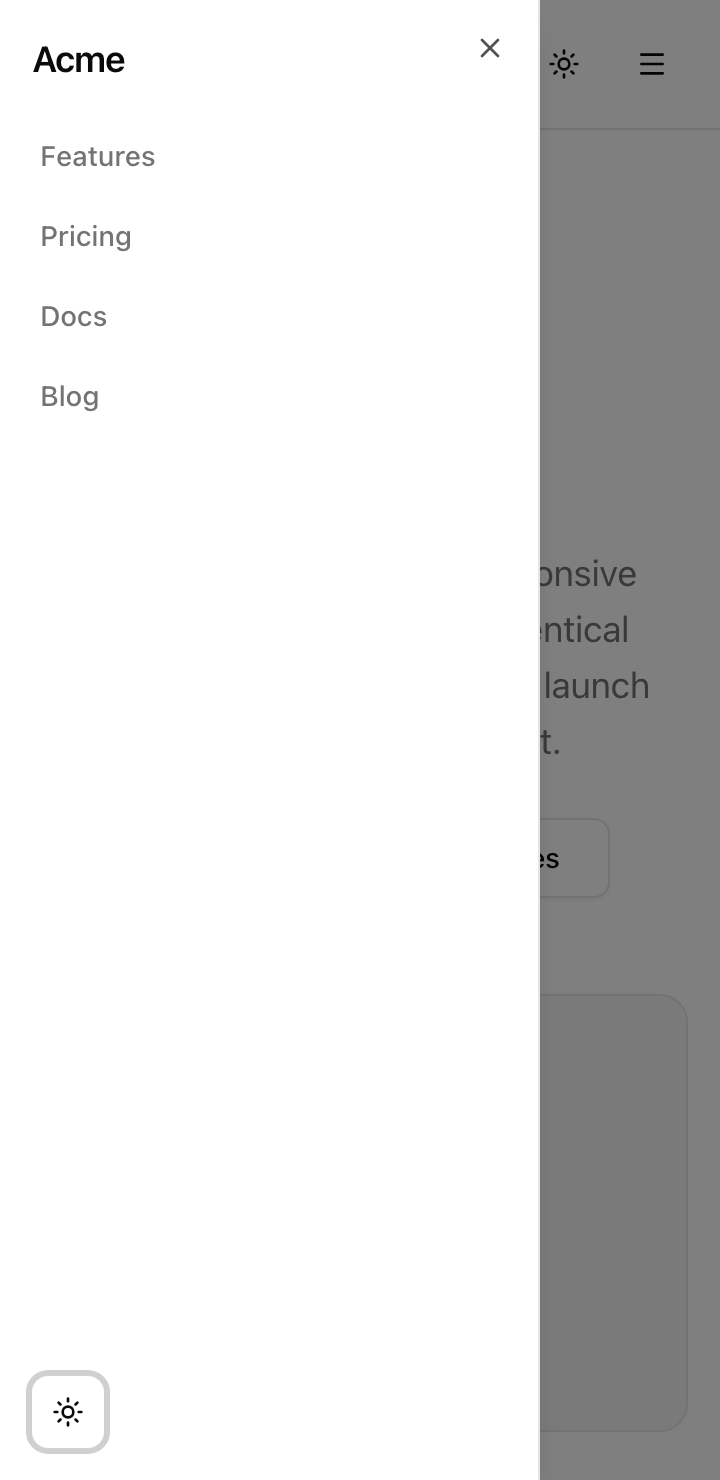The finished page at 360px in light theme with the mobile nav drawer open: a shadcn Sheet panel showing the 'Acme' title, a close button, the four Features, Pricing, Docs, and Blog nav links, and an in-drawer theme toggle, sliding in over the dimmed page where the header's theme toggle and hamburger remain faintly visible on the scrim.