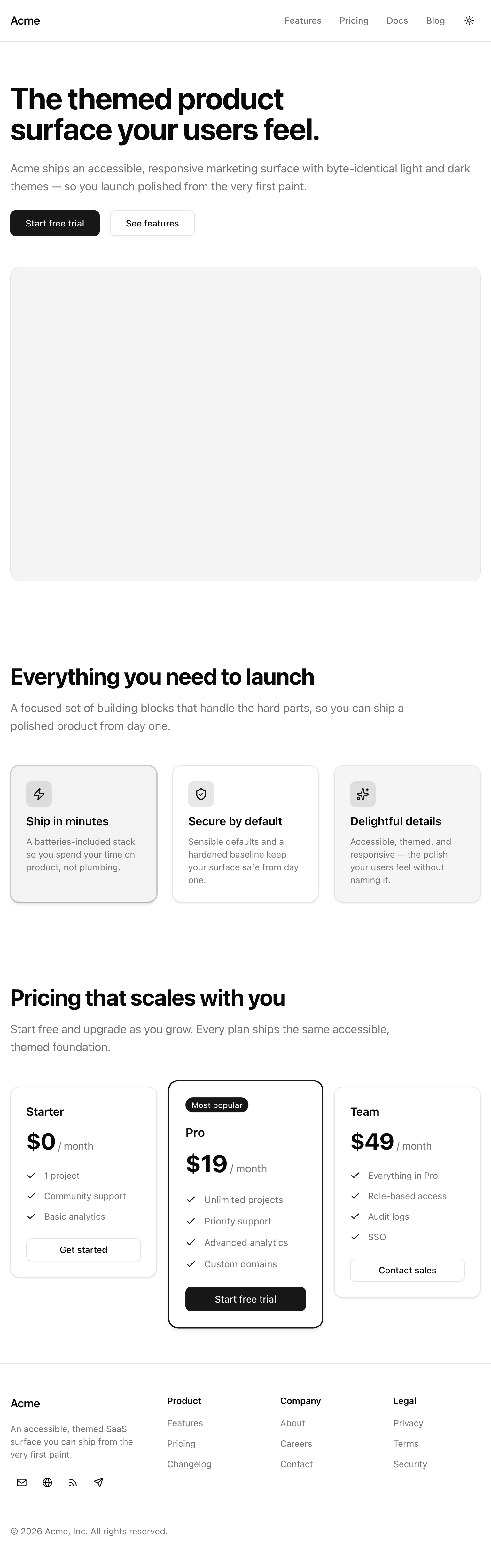 The finished page at 768px in light theme: the same header, hero, feature grid, pricing table, and footer as the desktop view, with the multi-column rows narrowing as the layout reflows toward the mobile stack.