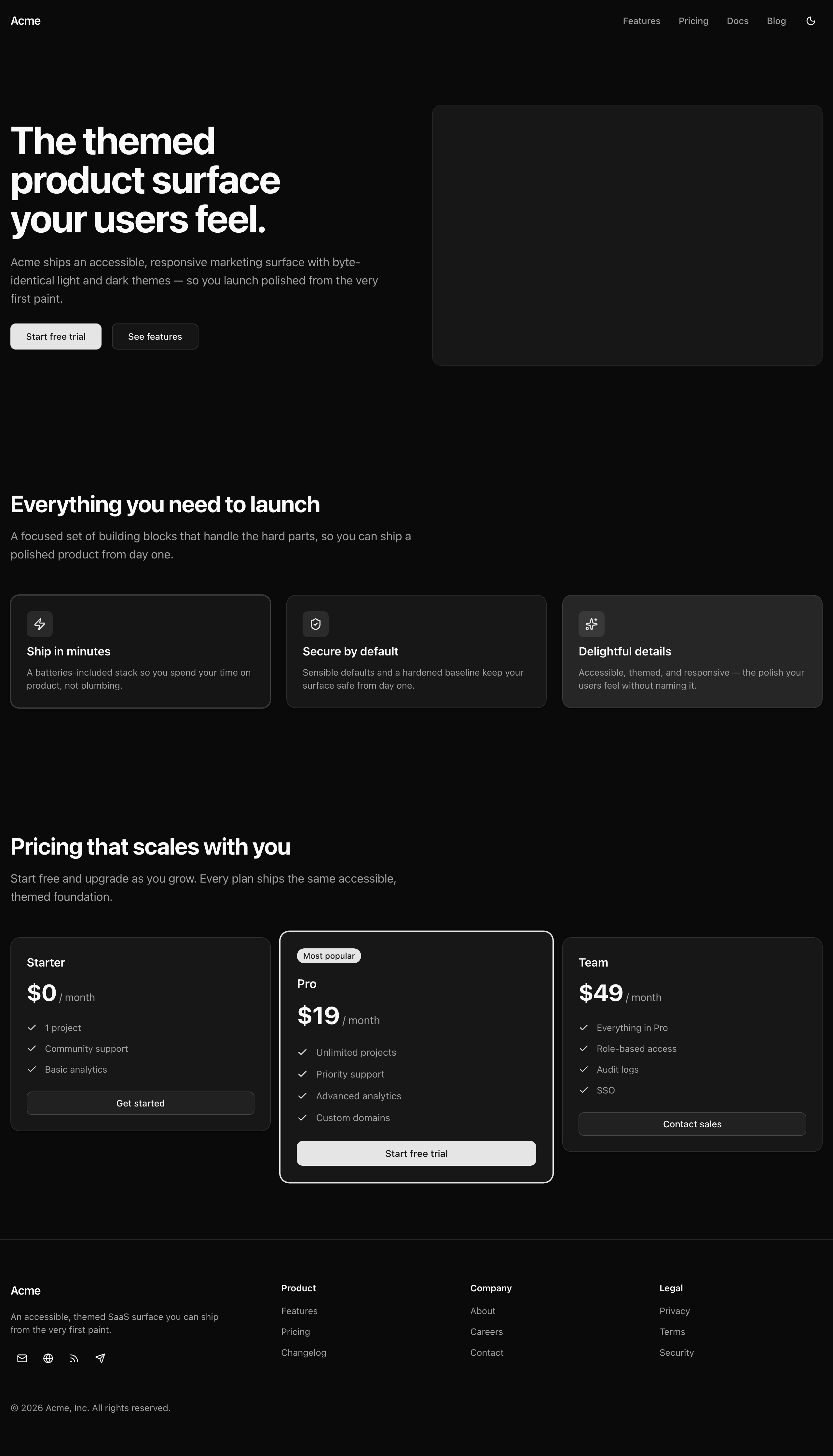 The finished marketing page at 1280px width rendered in dark theme after the header toggle flips it — dark surfaces and light text across the header, hero, feature grid, pricing table, and footer, with the header toggle now showing the moon glyph.