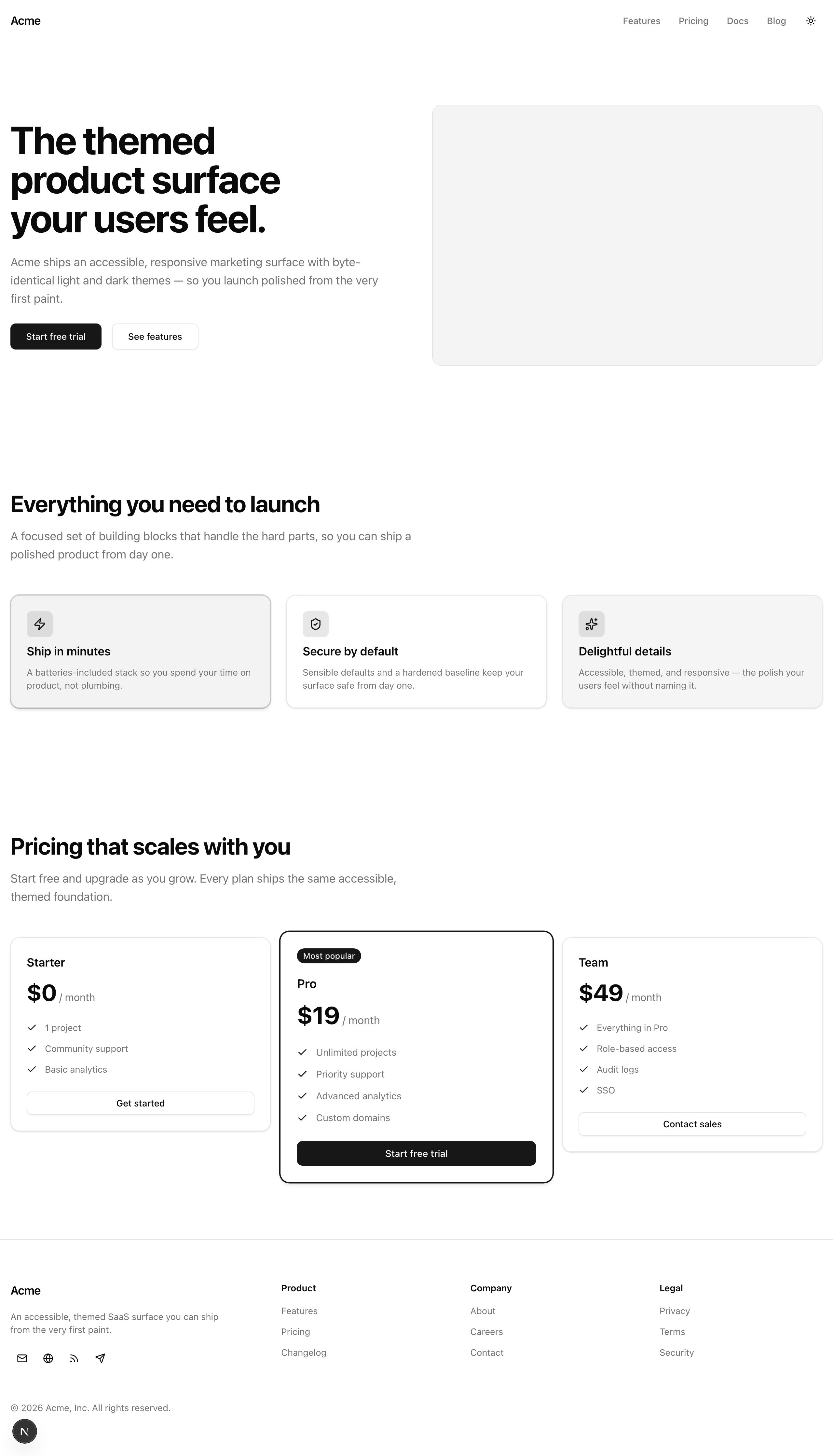The shipped hero at 1280px in light theme: on the left, the headline 'The themed product surface your users feel.', a paragraph of supporting copy, and two CTA buttons — a filled 'Start free trial' and an outlined 'See features'; on the right, a rounded, bordered theme-aware marketing image of the Acme product dashboard, the two columns side by side.