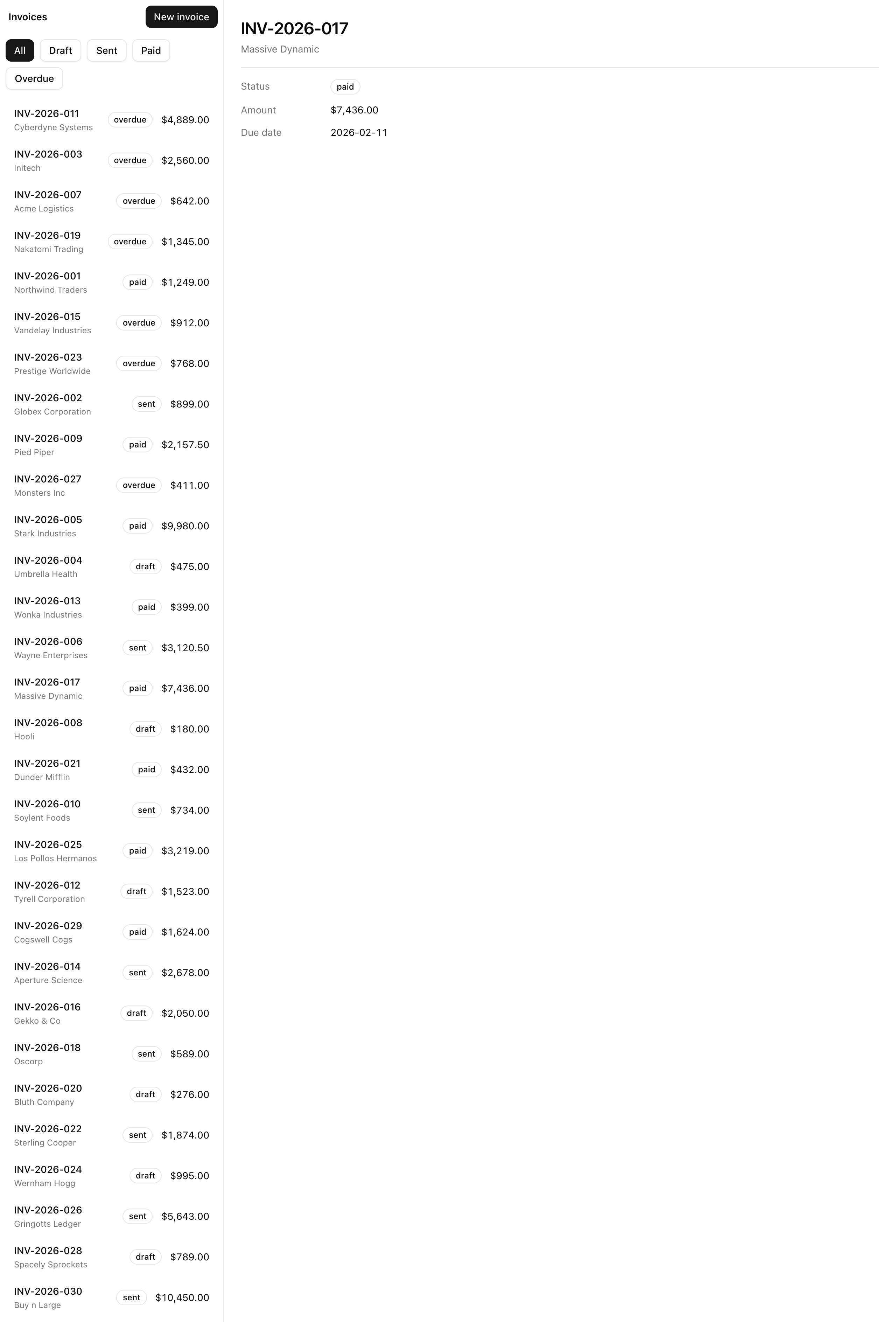 The invoices surface at /invoices/inv_017: the full list of invoices on the left and the selected invoice INV-2026-017 (Massive Dynamic, paid, $7,436.00, due 2026-02-11) detail rendered on the right.