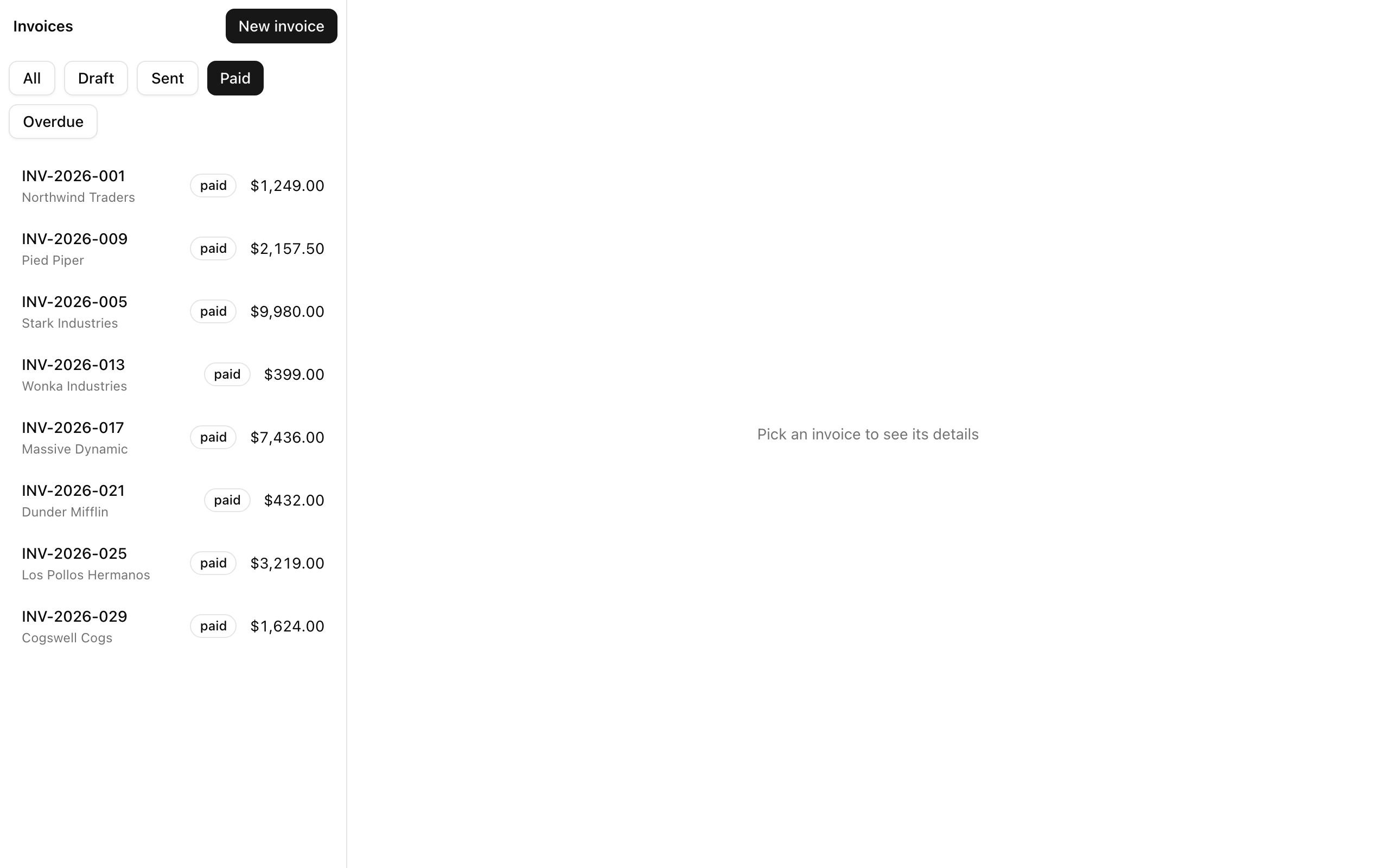 The invoices surface at /invoices?status=paid: the left column lists only the eight paid invoices with the Paid filter pill active, and the right column shows the 'Pick an invoice to see its details' empty state.