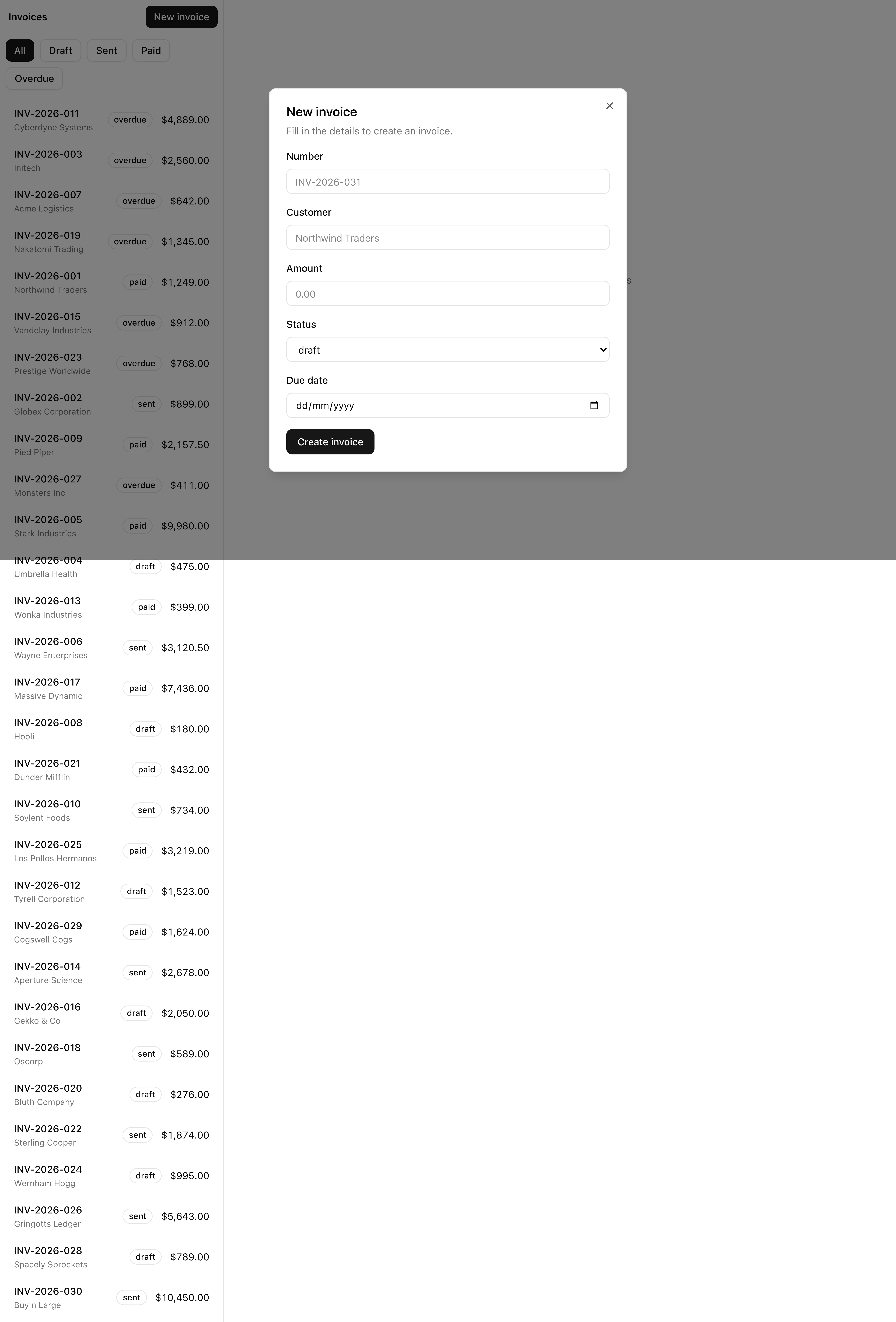 The invoices surface at /invoices/new: the 'New invoice' form open as a shadcn dialog with Number, Customer, Amount, Status, and Due date fields and a Create invoice button, layered over the dimmed invoices list behind it.