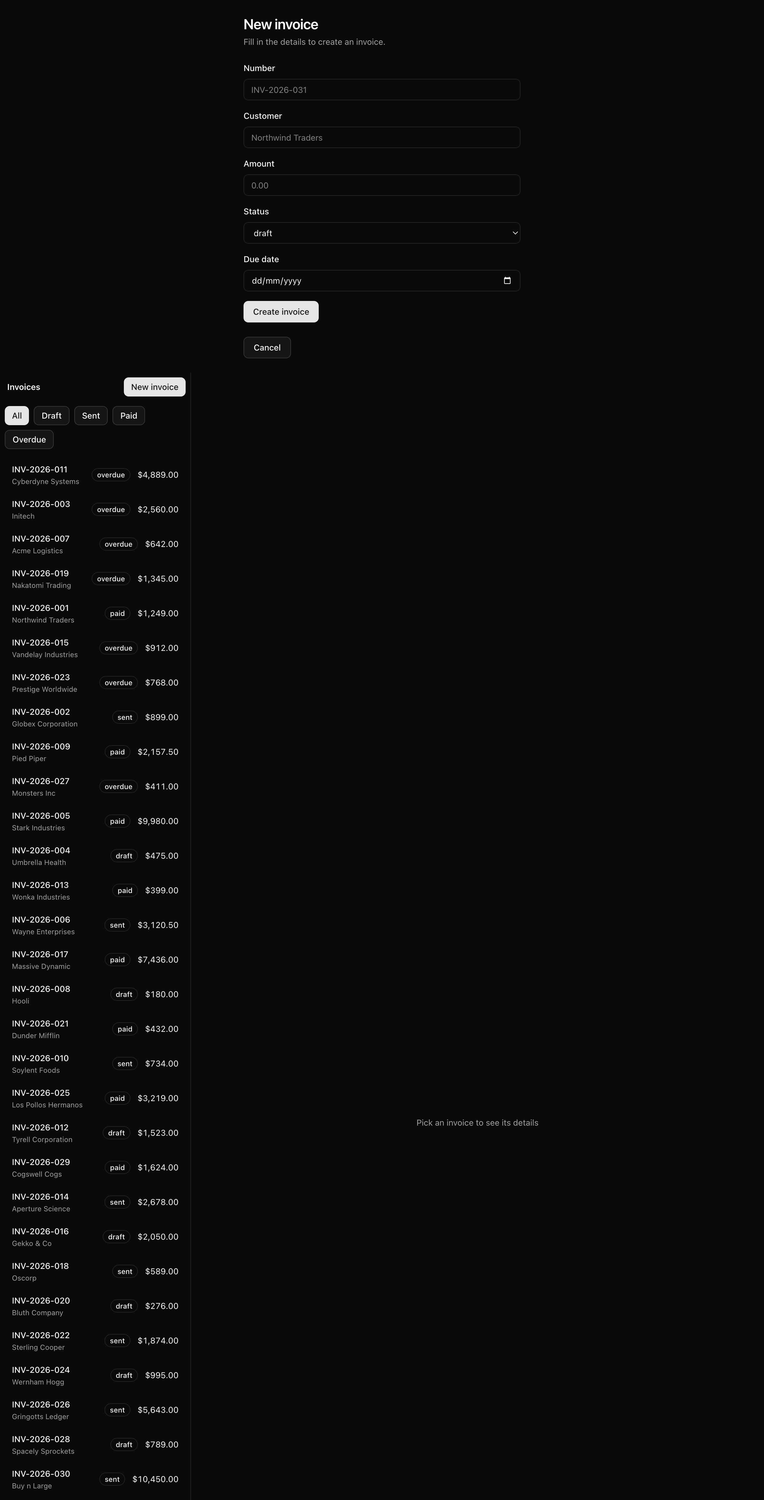 A direct visit to /invoices/new: the full-page 'New invoice' twin form with Number, Customer, Amount, Status, and Due date fields, a Create invoice button, and a Cancel link back to the list, rendered as a standalone page.