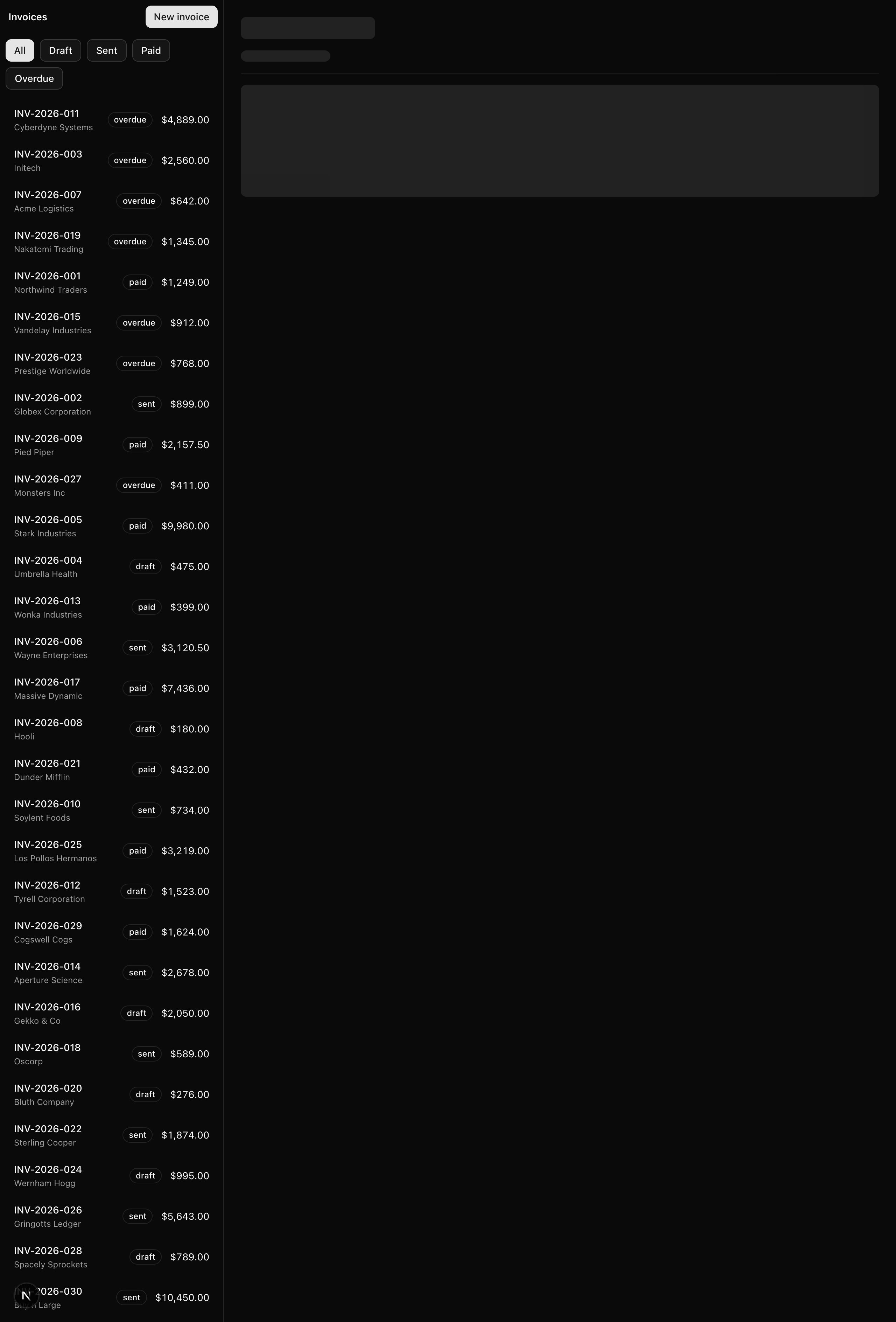 The two-slot invoices surface at /invoices/inv_005 captured mid-stream under a throttled network: the left list slot is fully resolved with invoice rows, status badges, and amounts, while the right detail slot shows the DetailSkeleton — a wide heading bar, a shorter subtitle bar, a thin separator-height bar, and a tall body block in the muted pulse colour.