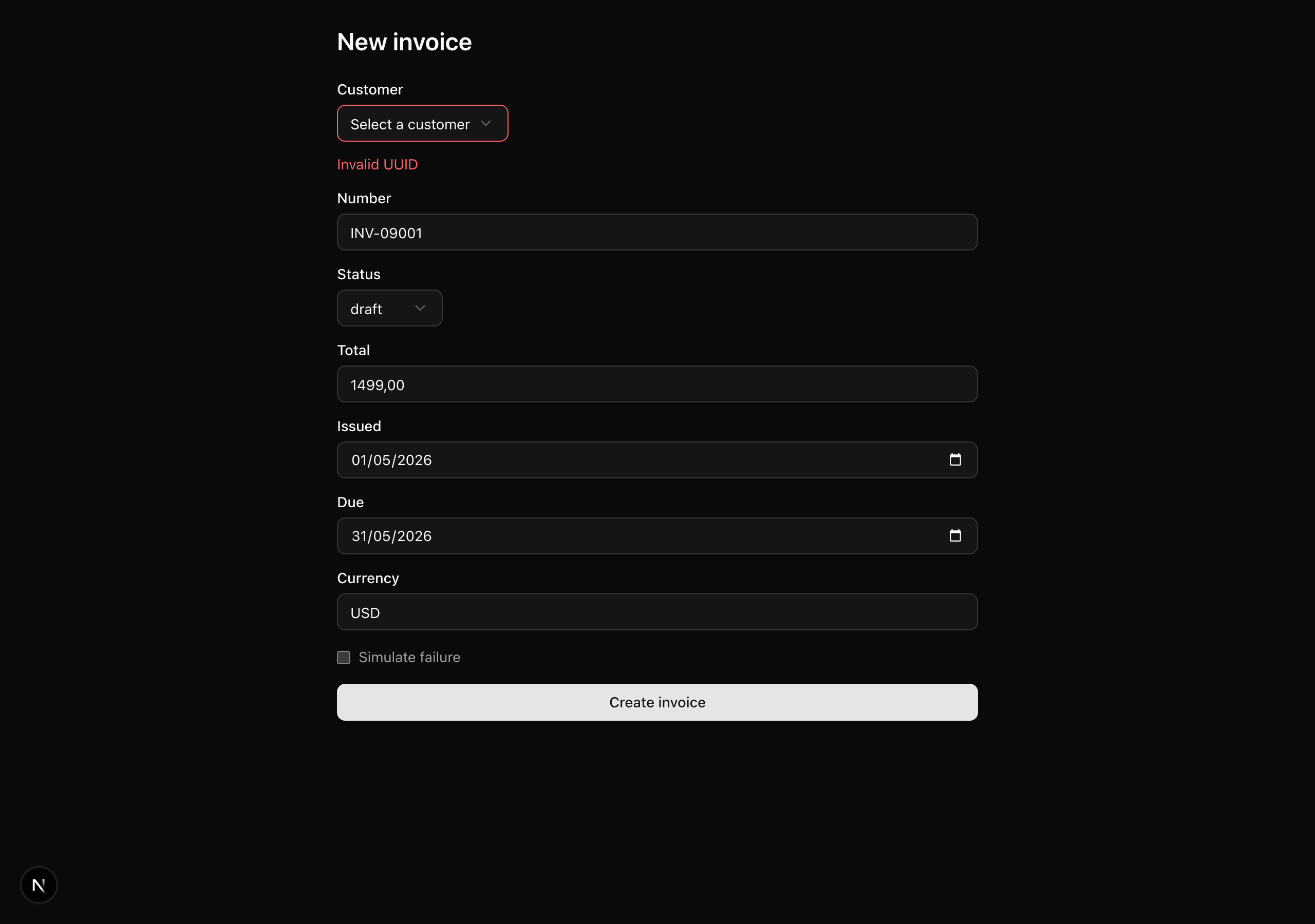 The create form after an invalid submit: the Customer select left at 'Select a customer' has a red invalid border with an 'Invalid UUID' message beneath it, while Number (INV-09001), Total (1499.00), Issued, Due, and Currency (USD) keep their previously typed values.