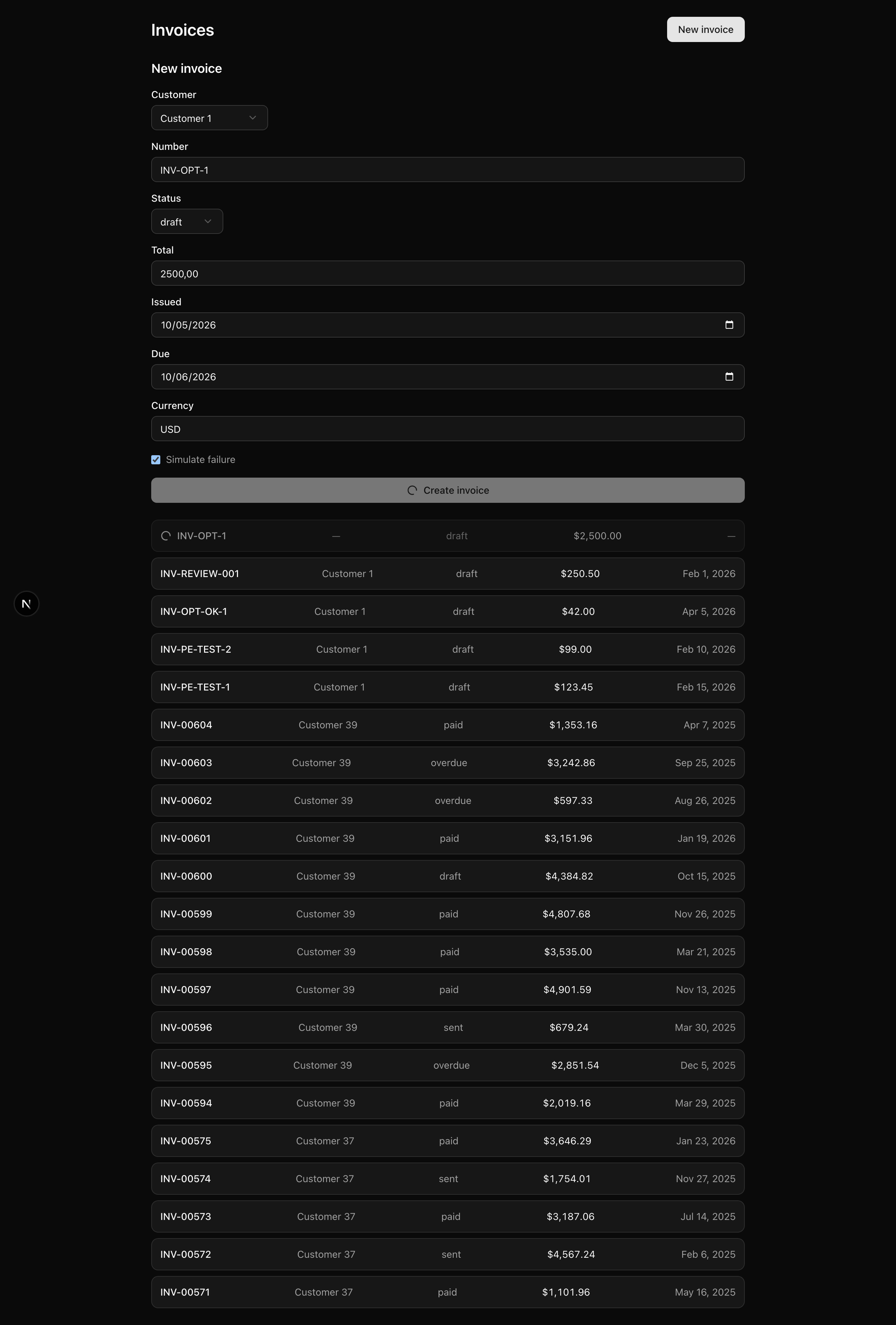 The /invoices list mid-submit: a dimmed pending row at the very top showing 'INV-OPT-1' with a spinner icon and '—' placeholders for customer and due date, painted before the server responds, above the seeded invoice rows; the inline create form above is filled and its 'Create invoice' button shows a pending spinner.