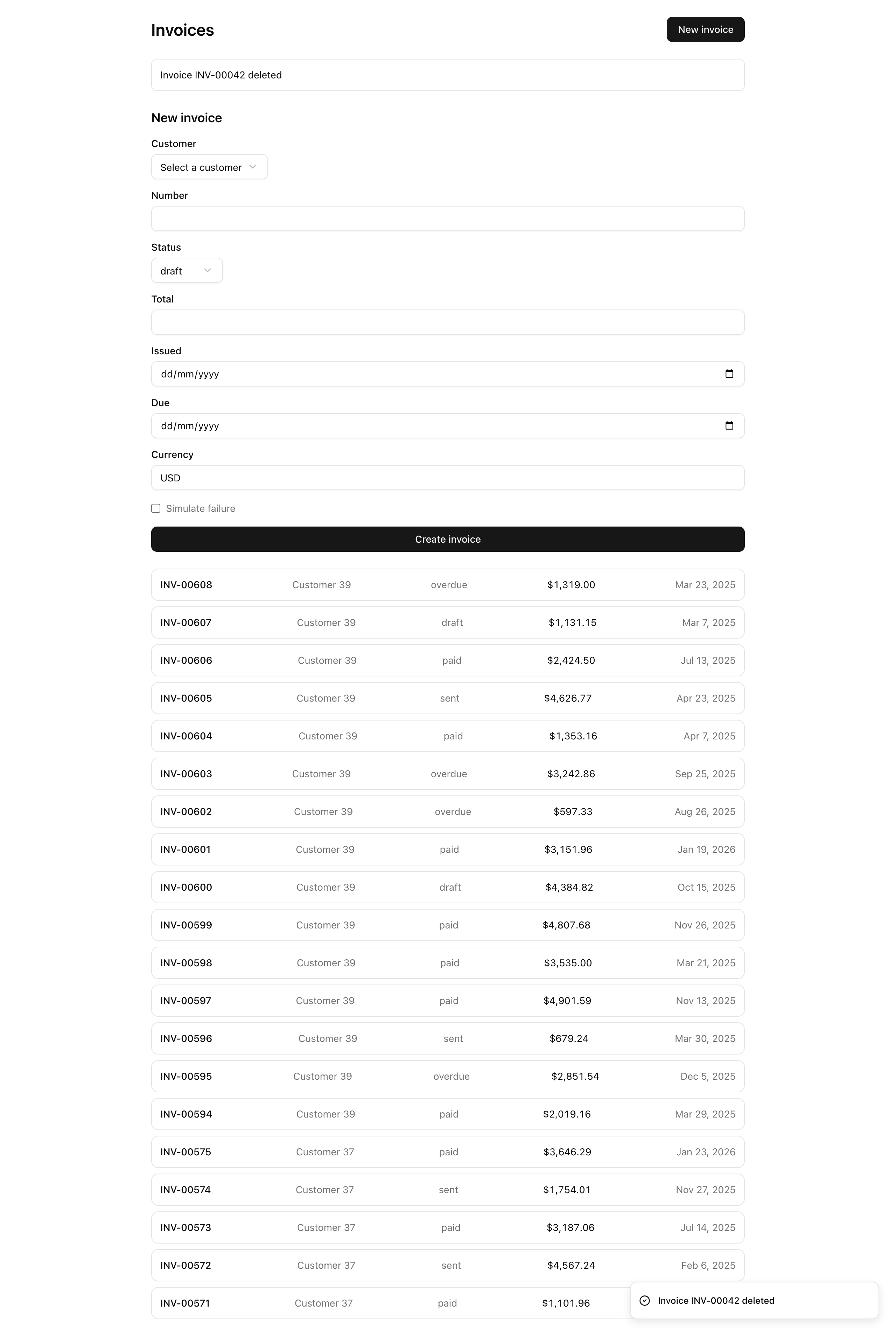 The /invoices list immediately after a successful delete. The 'New invoice' header row sits at the top, with a server-rendered 'Invoice INV-00042 deleted' status banner below it and the inline create form and seeded invoice rows beneath. A Sonner success toast carrying the same 'Invoice INV-00042 deleted' text with a check icon appears in the bottom-right corner — the banner-plus-toast confirmation layered together.