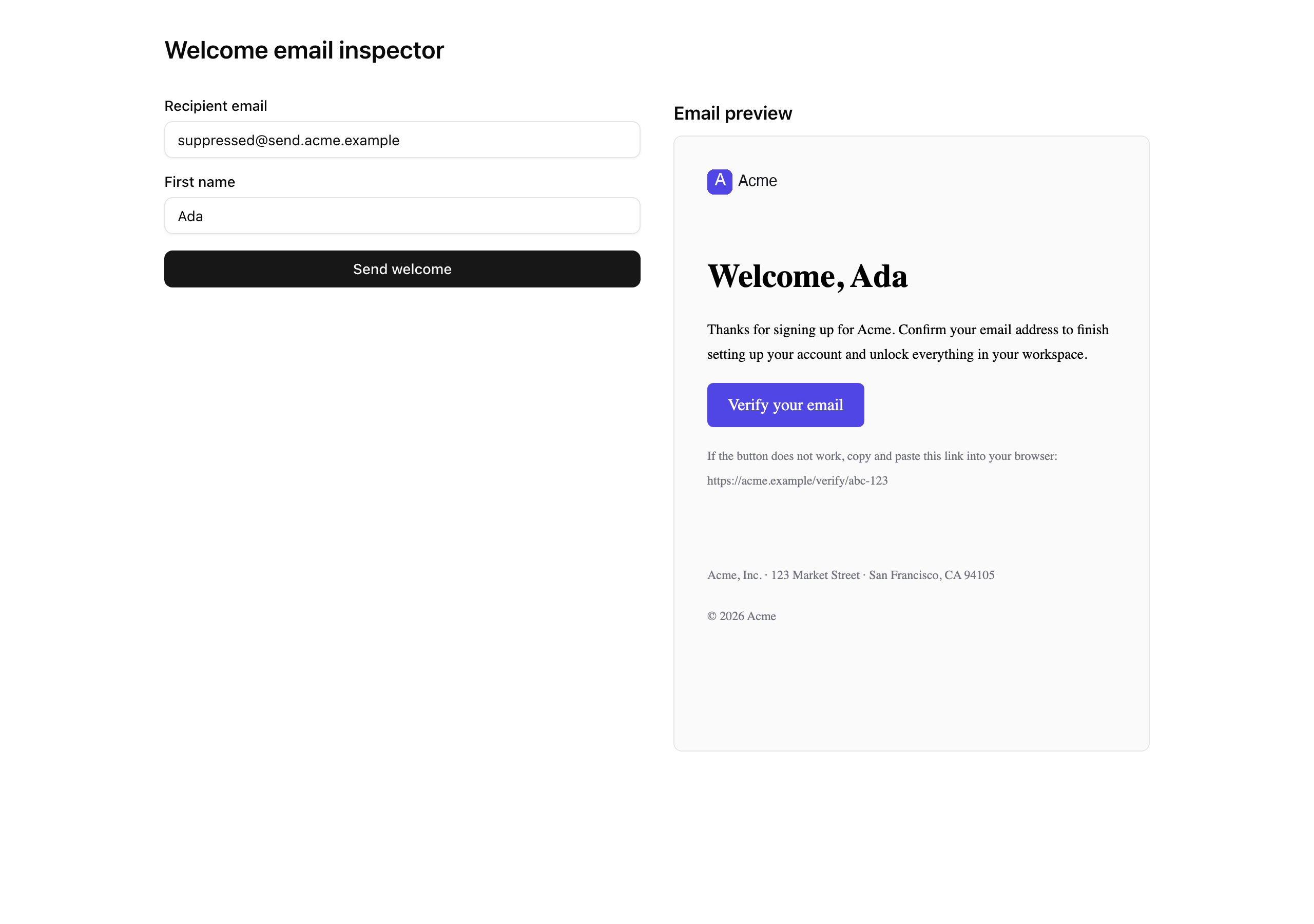 The /inspector/send-welcome route at desktop width: on the left the "Welcome email inspector" form with the recipient email and first name fields and the "Send welcome" button; on the right the "Email preview" iframe showing the server-rendered template — Acme logo header, the "Welcome, Ada" heading, the body paragraph, the branded "Verify your email" CTA, the alternate copy-paste link, and the legal footer.