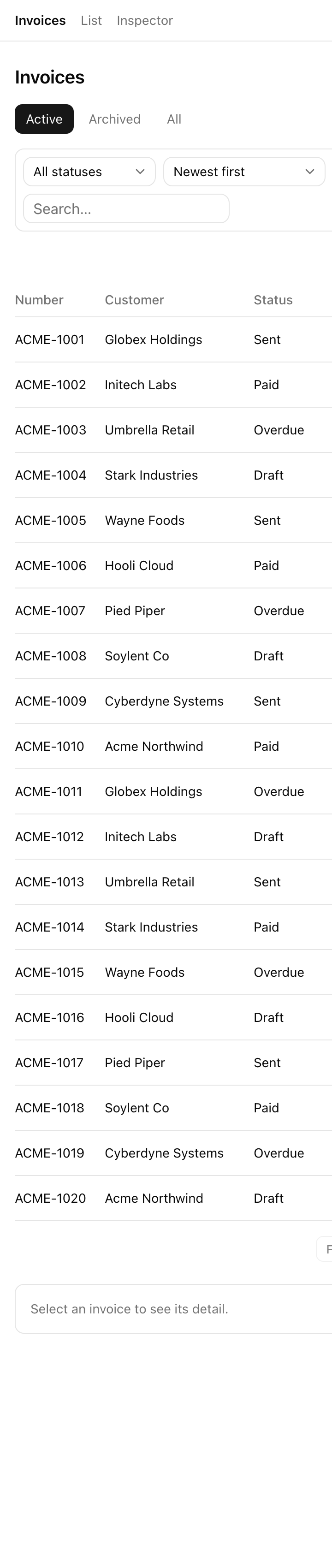 The finished /invoices page at 360px: the Invoices · List · Inspector nav, the 'Invoices' heading, the Active / Archived / All view tabs with Active selected, the status select, sort select, and search box stacked vertically, then the invoice table listing ACME-1001 through ACME-1020 by Number, Customer, and Status, with the 'Select an invoice to see its detail.' panel below the list.