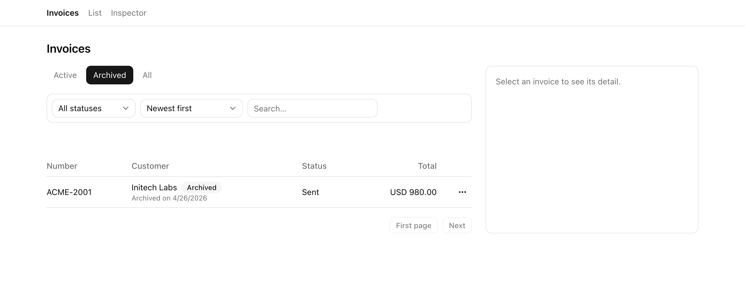 The Invoices list with the Archived view tab selected at desktop width. A single row, ACME-2001 / Initech Labs, shows a gray “Archived” badge next to the customer name and an “Archived on 4/26/2026” date line below it; status Sent, total USD 980.00. The detail panel on the right reads “Select an invoice to see its detail.”