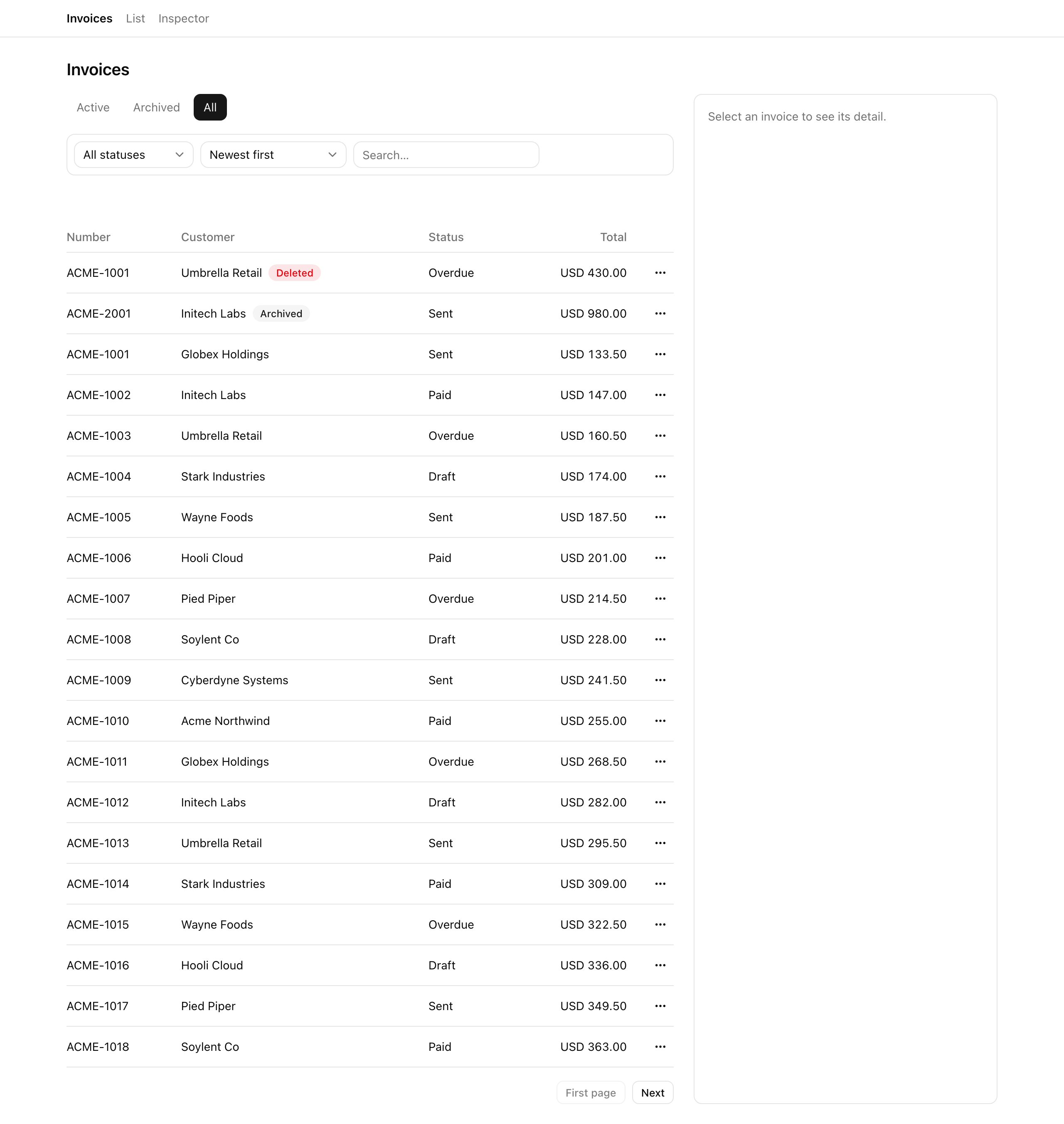 The Invoices list with the admin-only All view tab selected at desktop width. The top row, ACME-1001 / Umbrella Retail, carries a red “Deleted” badge; the second row, ACME-2001 / Initech Labs, carries an “Archived” badge; ordinary active rows follow below them in the same table.