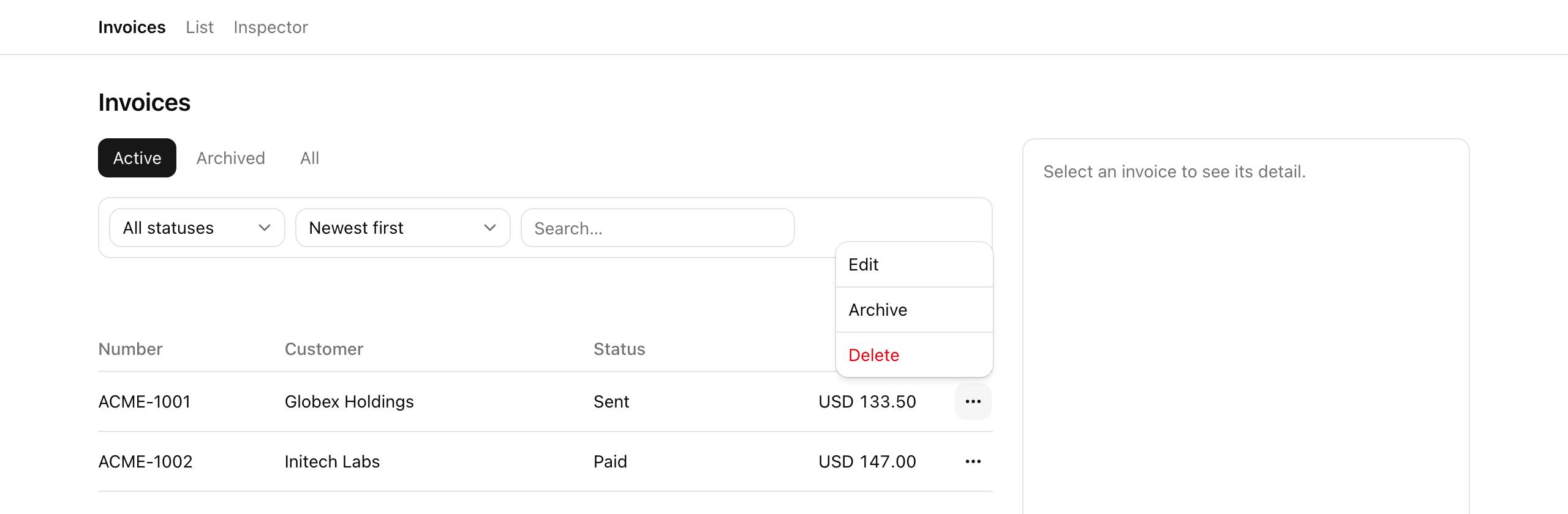 The Active invoices tab in the admin view with one row's action (⋯) menu open, showing Edit, Archive, and the destructive-red Delete item. Columns read Number (ACME-1001), Customer (Globex Holdings), Status (Sent), and Total (USD 133.50).