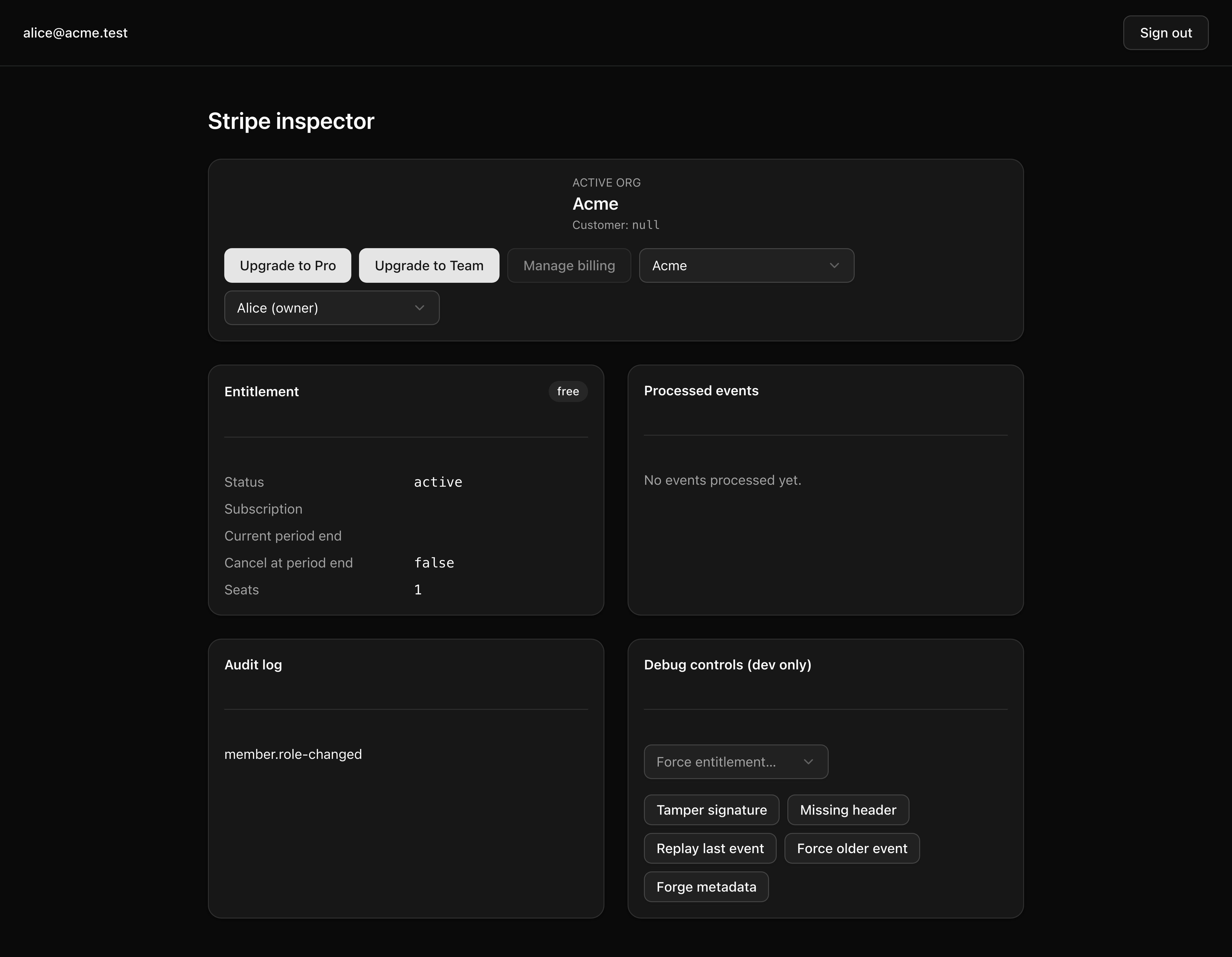 The /inspector page at a seeded free plan: header reads ACTIVE ORG Acme with Customer: null, the Upgrade to Pro and Upgrade to Team Checkout buttons render beside a disabled Manage billing button, and the Entitlement panel shows plan free, status active, seats 1.