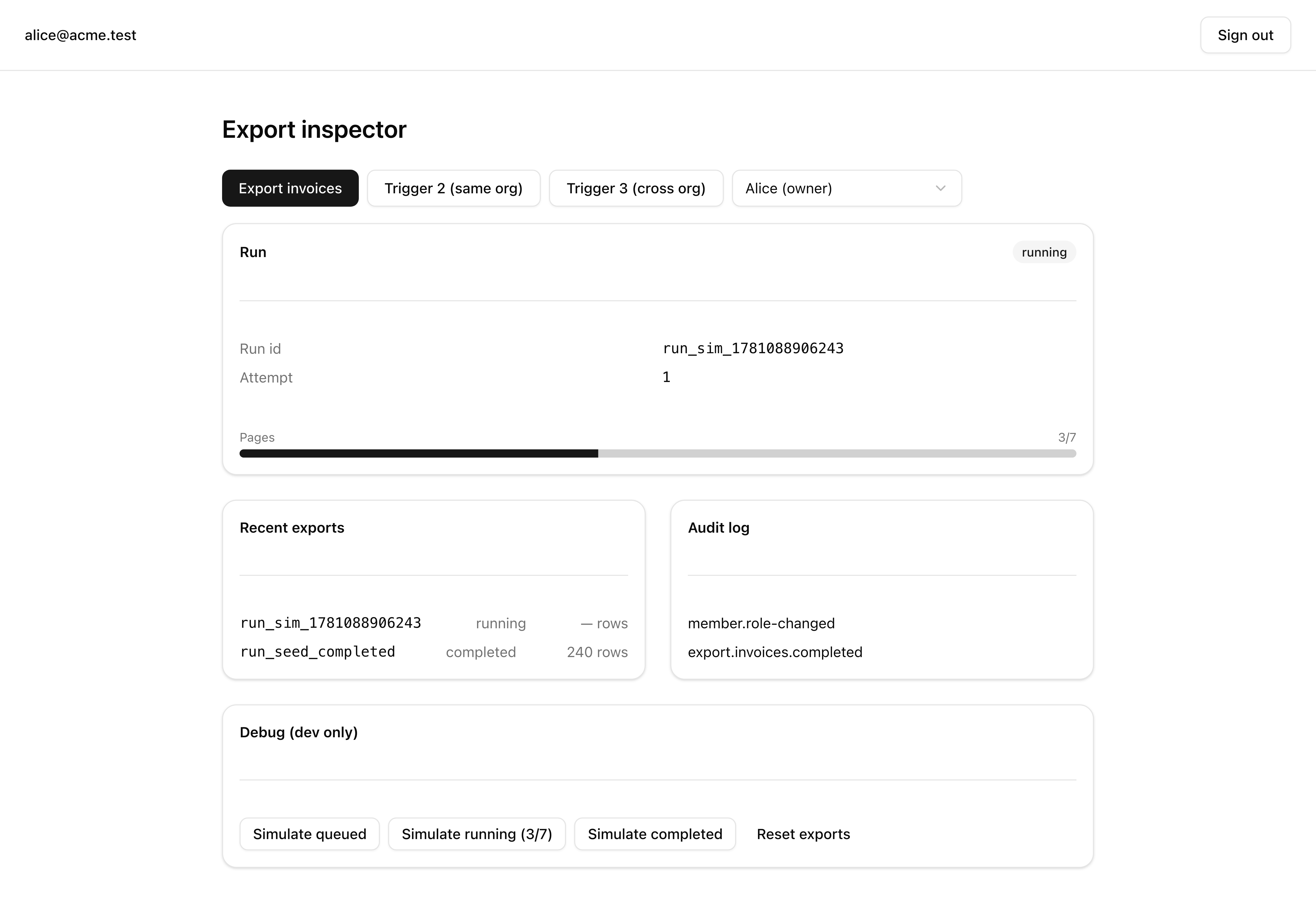 The export inspector mid-run at 1280px: a Run card showing a run id and attempt 1 with status running, the Pages progress bar partway across at 3/7, and below it the Recent exports table with a running row and the Audit log including an export.invoices.completed entry.