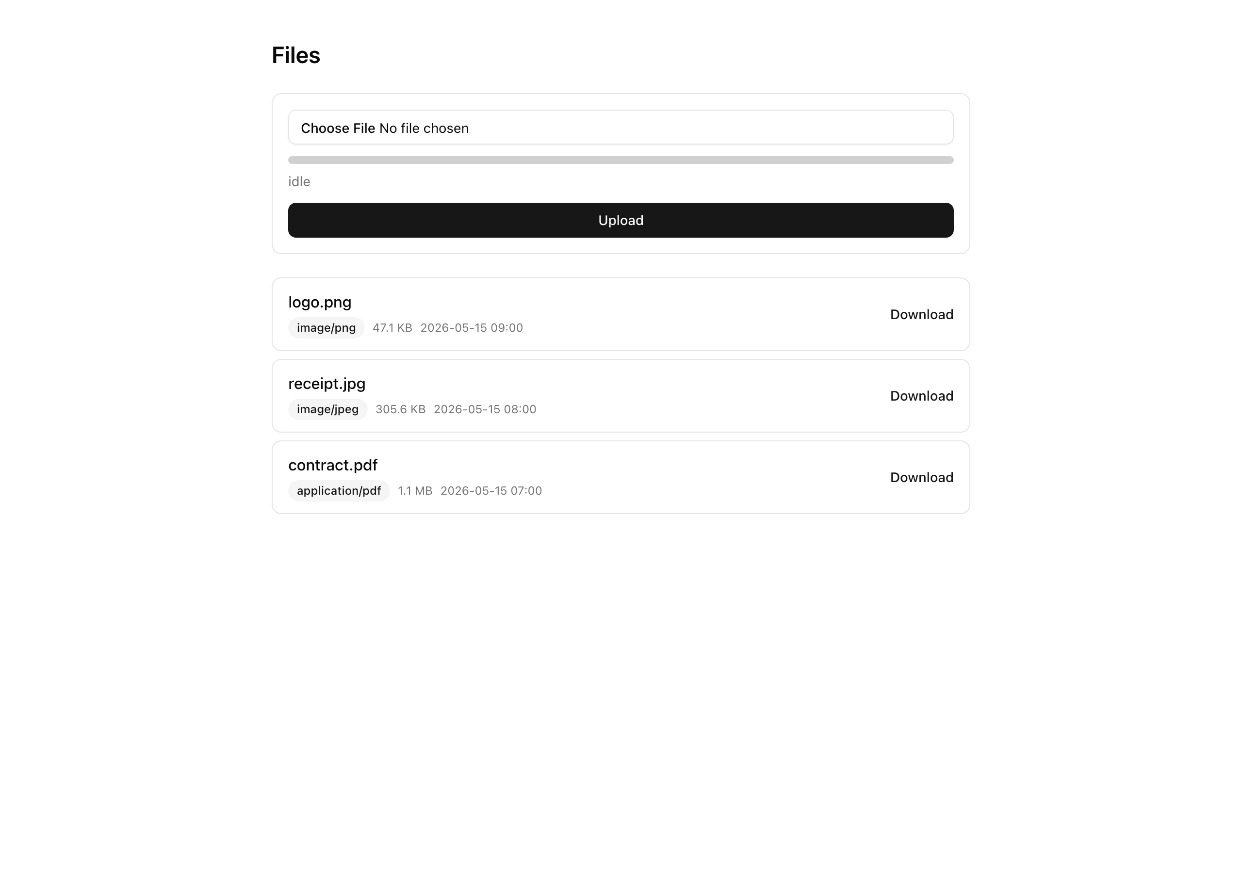 Desktop capture of the /files page at 1280px width: an upload form with a file picker and Upload button at the top, and below it a list of completed file rows, each showing the file name, a content-type badge, a formatted size, an upload time, and a Download link.