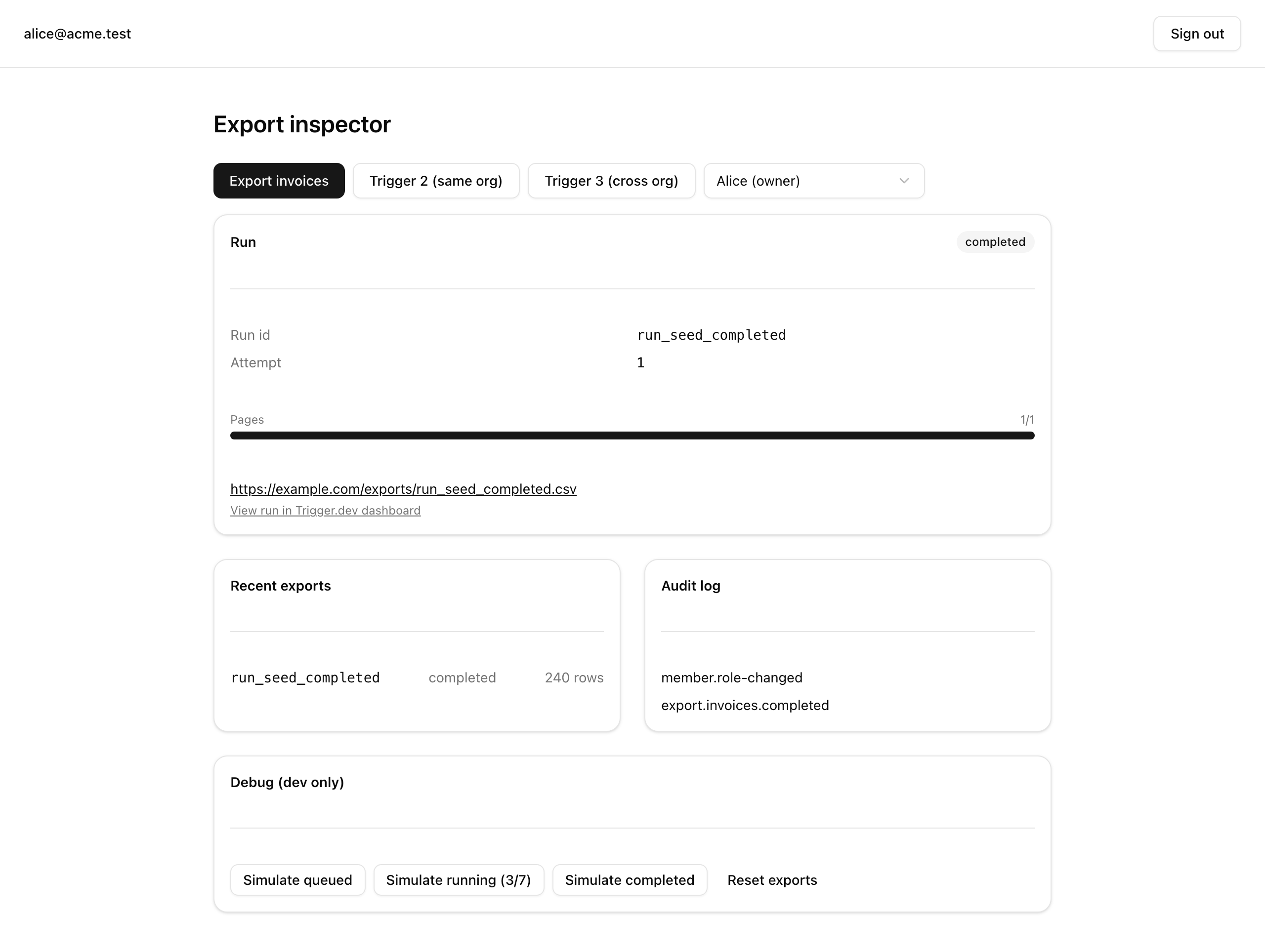 The /inspector page after an export completes: a Run card showing a 'completed' status badge for run_seed_completed with a full pages 1/1 progress bar, below it the downloadUrl rendered as an underlined link still reading the seeded https://example.com/exports/run_seed_completed.csv placeholder, alongside the Recent exports list and the Audit log showing an export.invoices.completed entry.