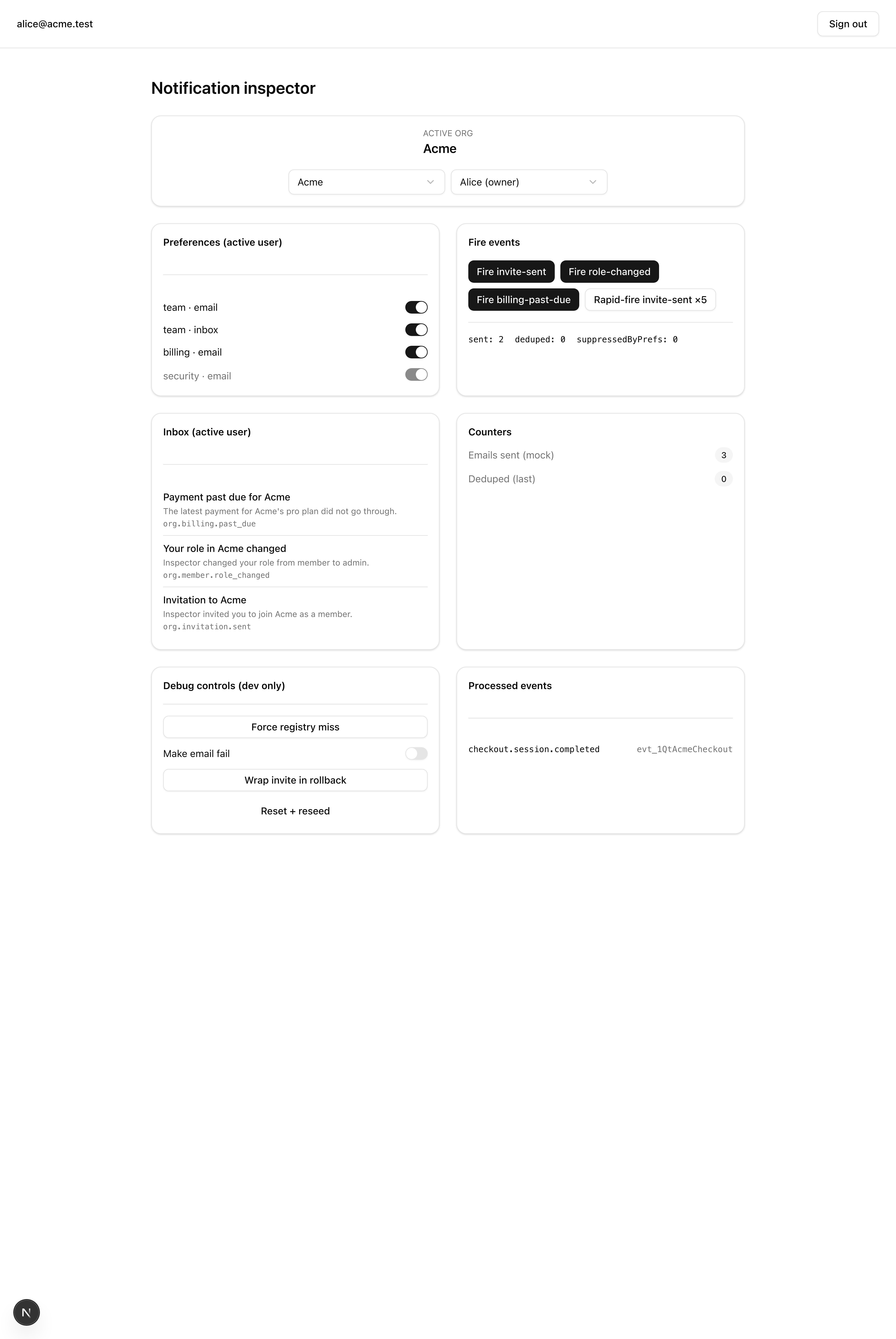 The /inspector page in its finished state: a Fire events panel with Fire invite-sent, Fire role-changed, and Fire billing-past-due buttons plus a Rapid-fire invite-sent ×5 variant; a Preferences panel with per-category email and inbox channel toggles; an Inbox panel populated with three notification rows (Payment past due for Acme, Your role in Acme changed, Invitation to Acme); and a Counters panel where Emails sent (mock) reads 3.