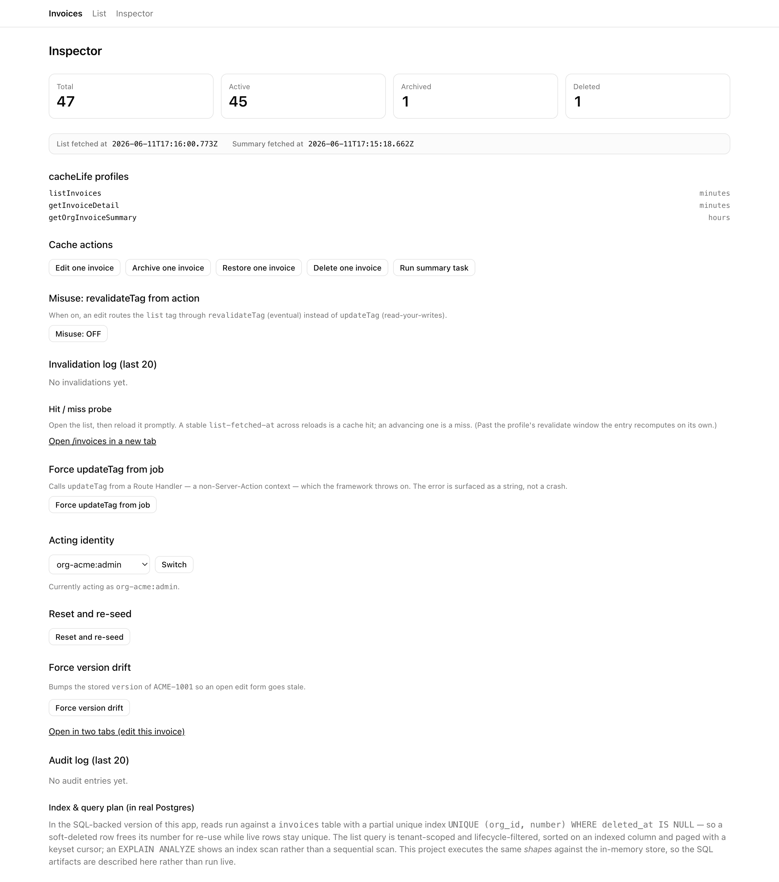 The finished /inspector page at desktop width: org totals, a fetchedAt strip, the cacheLife profile readout for listInvoices, getInvoiceDetail, and getOrgInvoiceSummary, a row of cache-action buttons (Edit, Archive, Restore, Delete, Run summary task), the misuse-revalidateTag toggle, the hit/miss probe, the force-updateTag-from-job button, the acting-identity switcher, and the invalidation-log and audit-log tails.