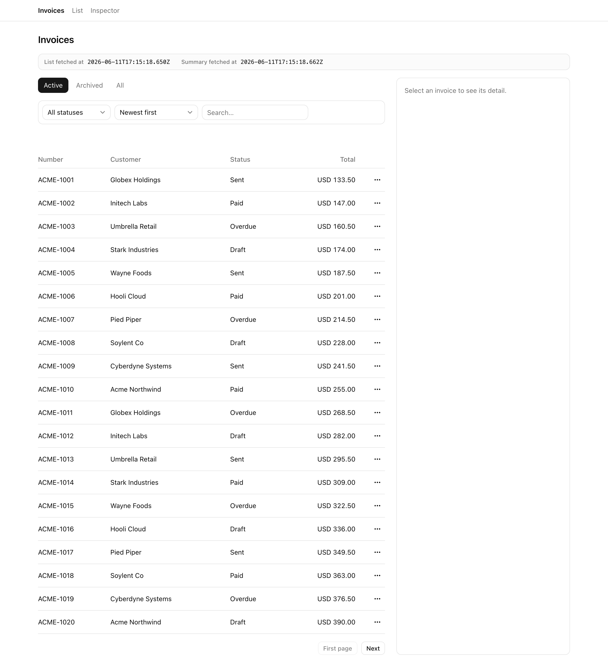 The finished /invoices page at desktop width: a FetchedAtStrip showing List fetched at and Summary fetched at timestamps sits above the Active / Archived / All view tabs, a status / sort / search toolbar, the invoice table with Number / Customer / Status / Total columns, and a First page / Next pagination row.