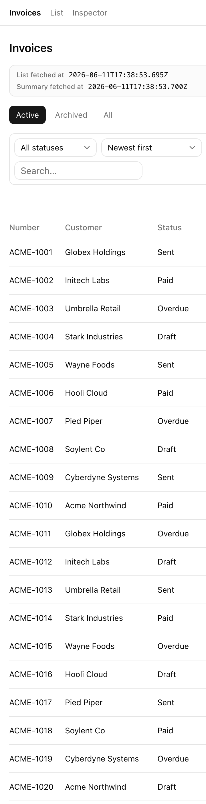 The cached /invoices page at mobile width: a FetchedAtStrip showing List fetched at and Summary fetched at ISO timestamps above the Active / Archived / All view tabs, the status / sort / search toolbar, and the invoice list.