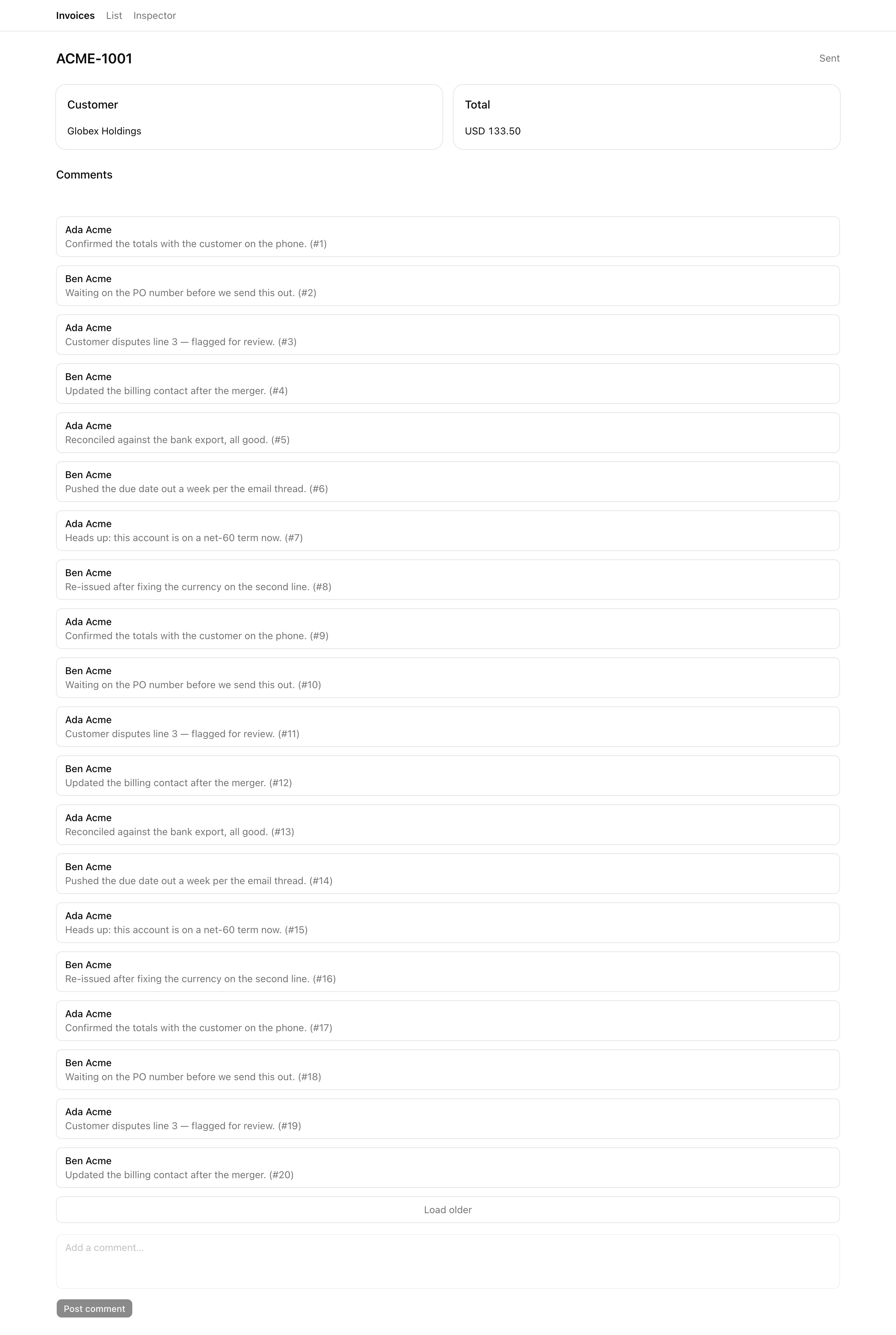 The invoice detail page at 1280px — an 'ACME-1001' header with a 'Sent' status, Customer and Total cards, then a 'Comments' section listing twenty seeded comment rows each with an author name and body, a full-width 'Load older' button below the rows, and an empty 'Add a comment…' form with a disabled 'Post comment' button at the bottom.