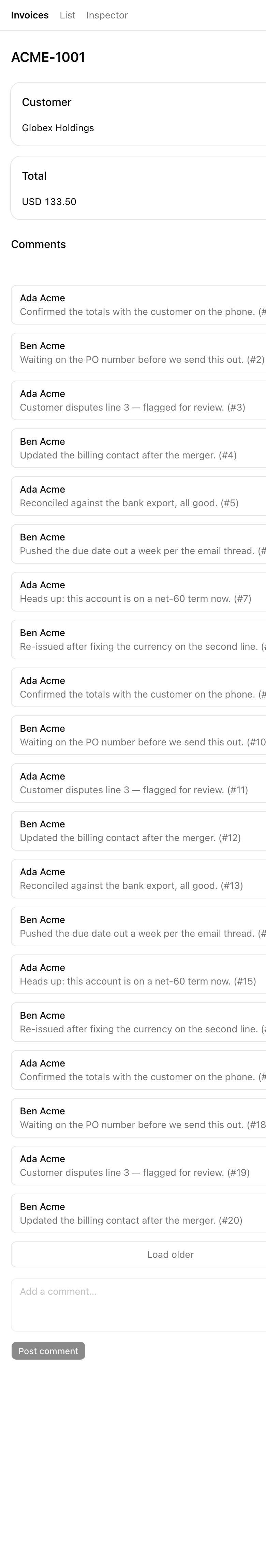 The same invoice detail page at 390px — the 'ACME-1001' header, Customer and Total cards, and the twenty seeded comment rows all stack full-width in a single column, with the 'Load older' control and the 'Add a comment…' form beneath them.