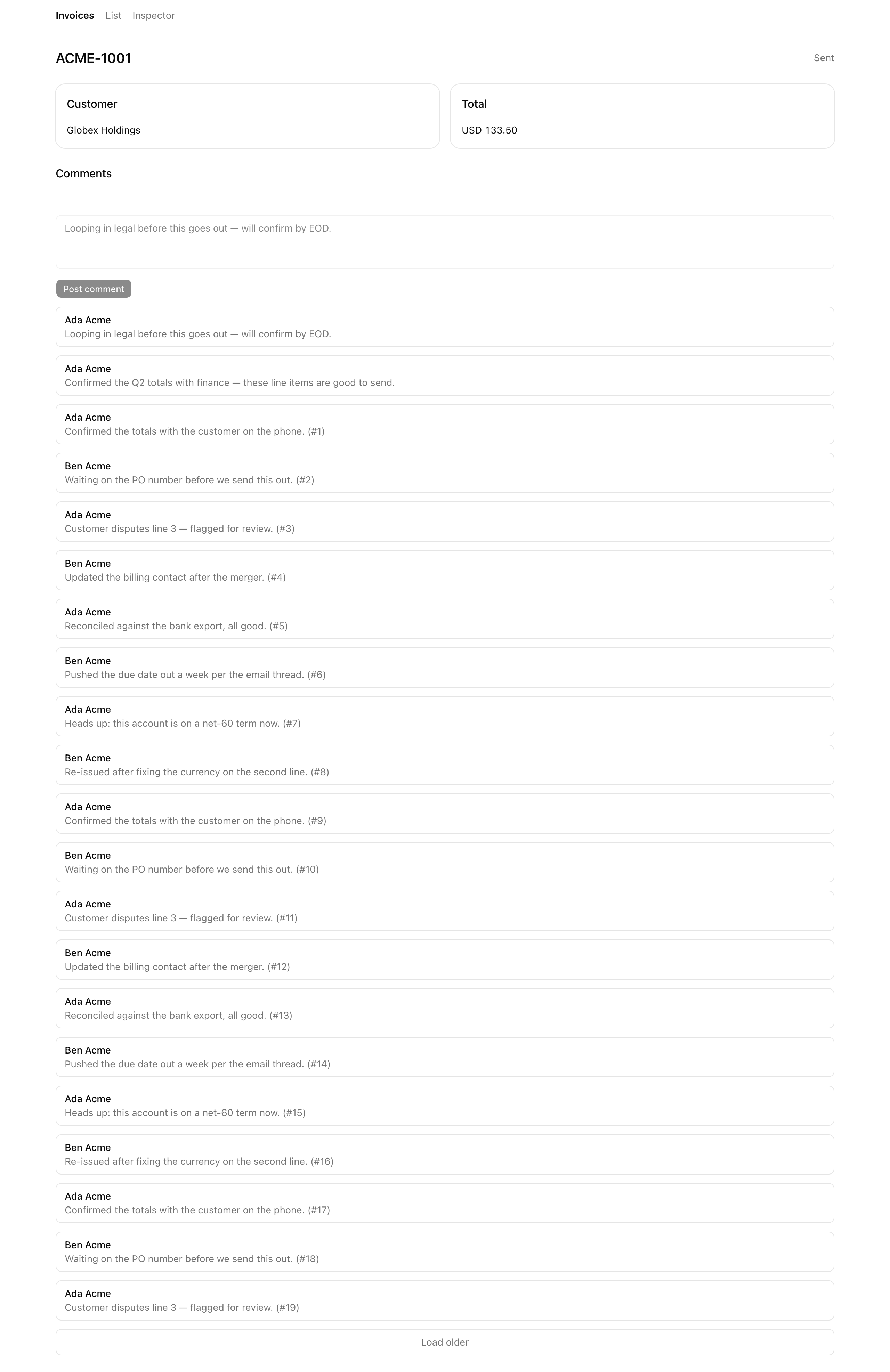 Invoice ACME-1001 detail page at 1280px. A freshly posted comment, 'Looping in legal before this goes out — will confirm by EOD.', sits at the top of the comment thread above the seeded rows. The comment textarea above it is dimmed and the 'Post comment' button is disabled because the submit is mid-flight.