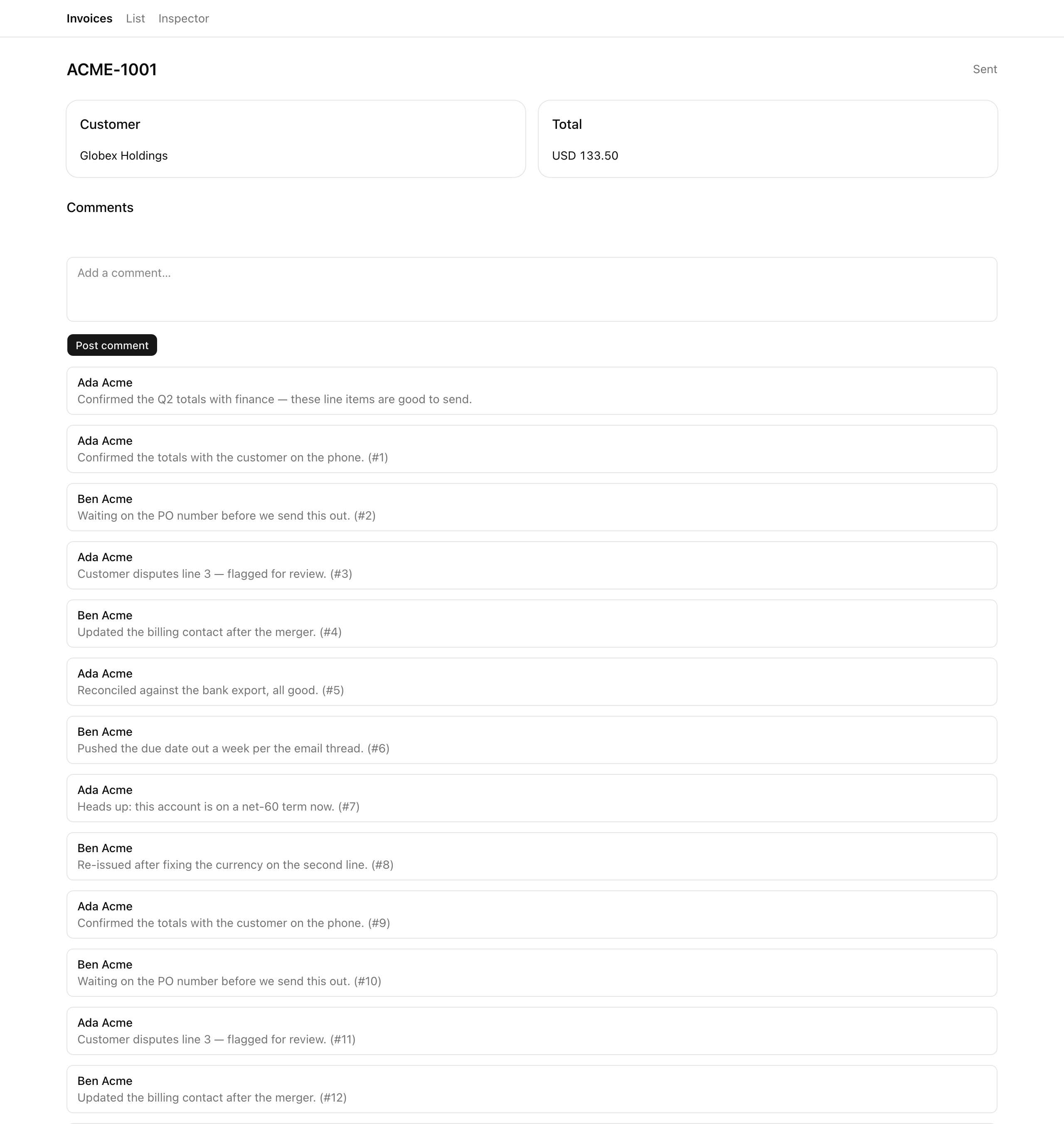 The /invoices/inv-0001 detail page: the ACME-1001 invoice heading with a Customer card and a Total card, then a Comments section with an add-comment form and a Post comment button. At the top of the thread sits a just-posted comment reading 'Confirmed the Q2 totals with finance — these line items are good to send.', above the numbered seeded comment rows from Ada Acme and Ben Acme.