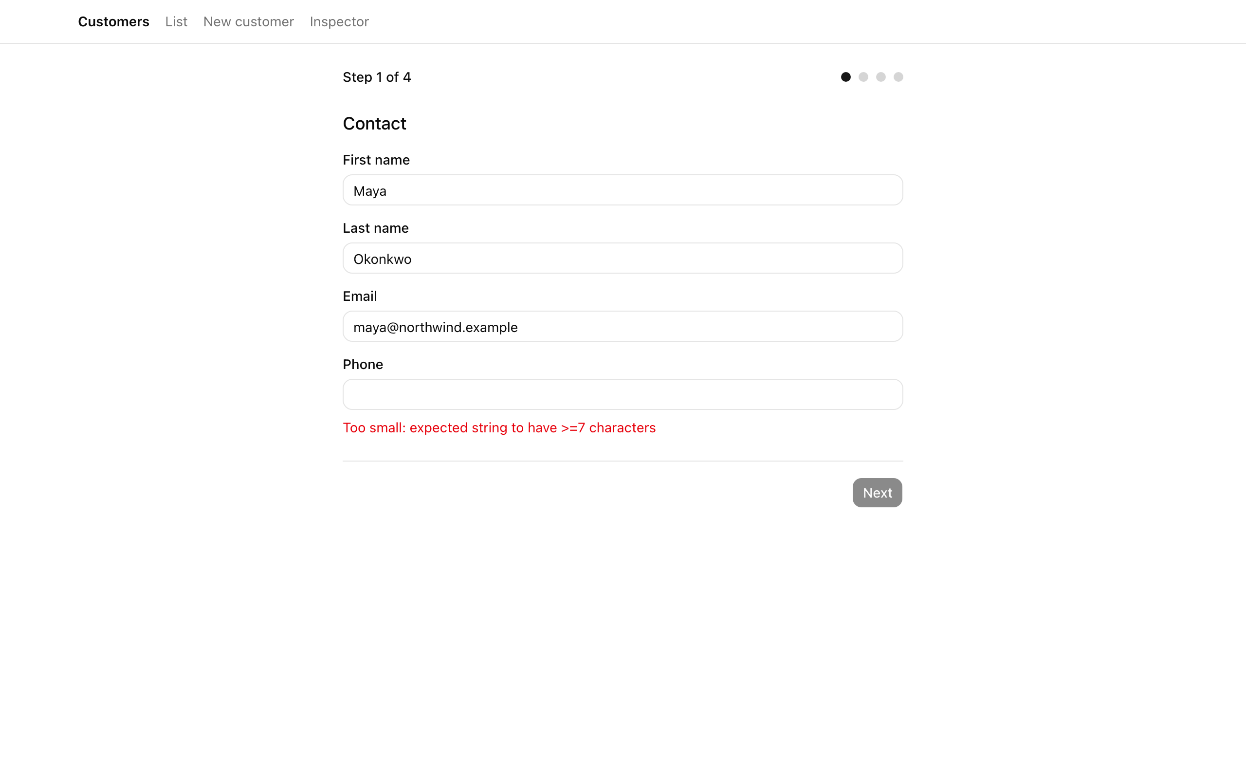 Step 1 of the customer wizard at 1280px: first name, last name, and email filled with valid values, the phone field empty, and the footer Next button disabled.
