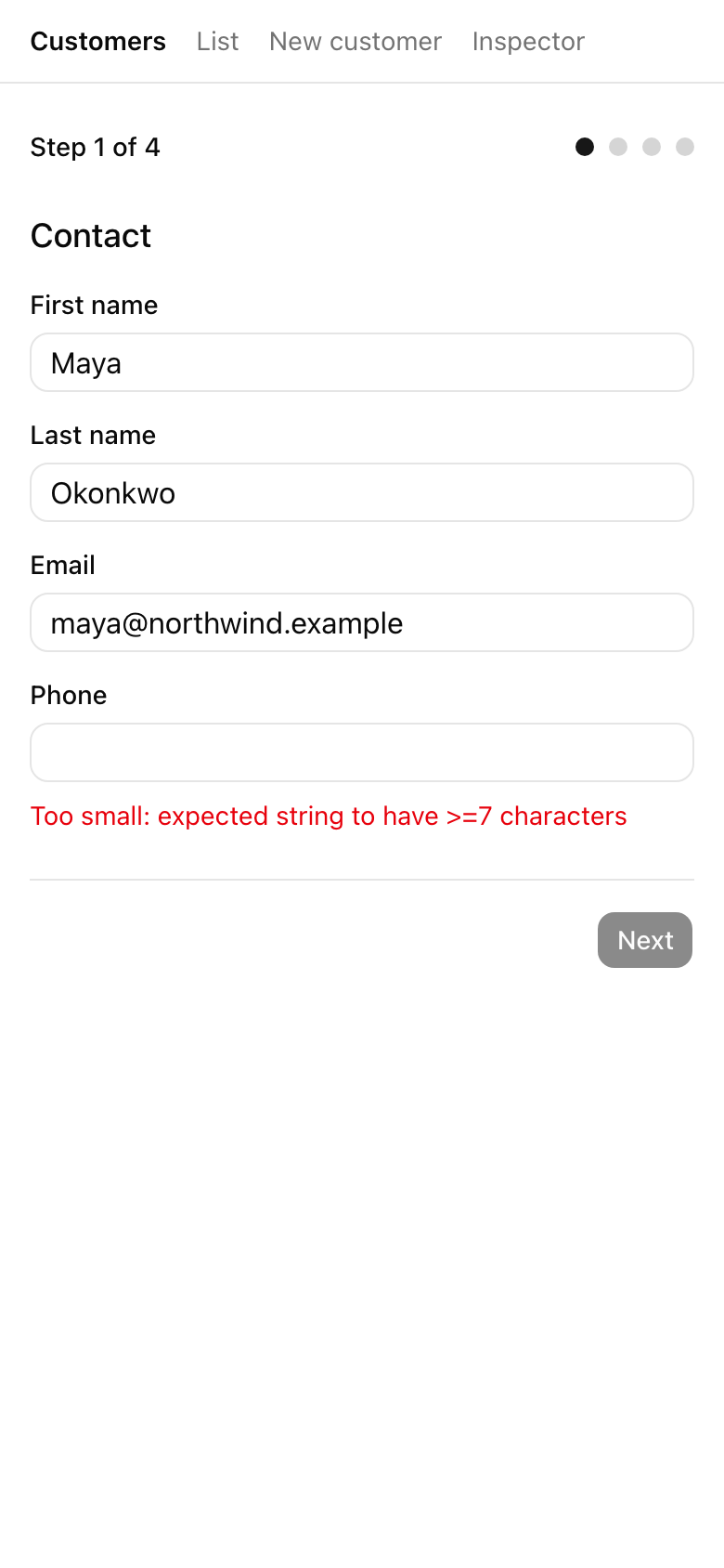 Step 1 of the customer wizard at 390px wide, the contact fields stacked in a single column with the Next button disabled.