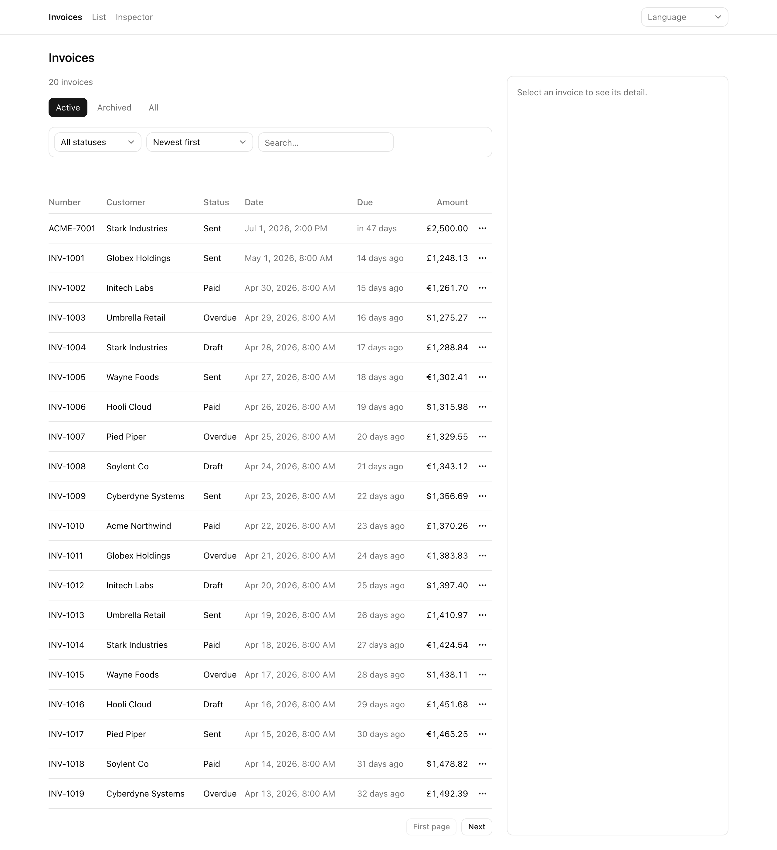 The finished invoices list in English at /invoices — English nav and tabs, a '20 invoices' count, amounts like $2,500.00 and £1,248.70, and dates such as 'Jul 1, 2026, 2:00 PM' in the viewer's timezone.