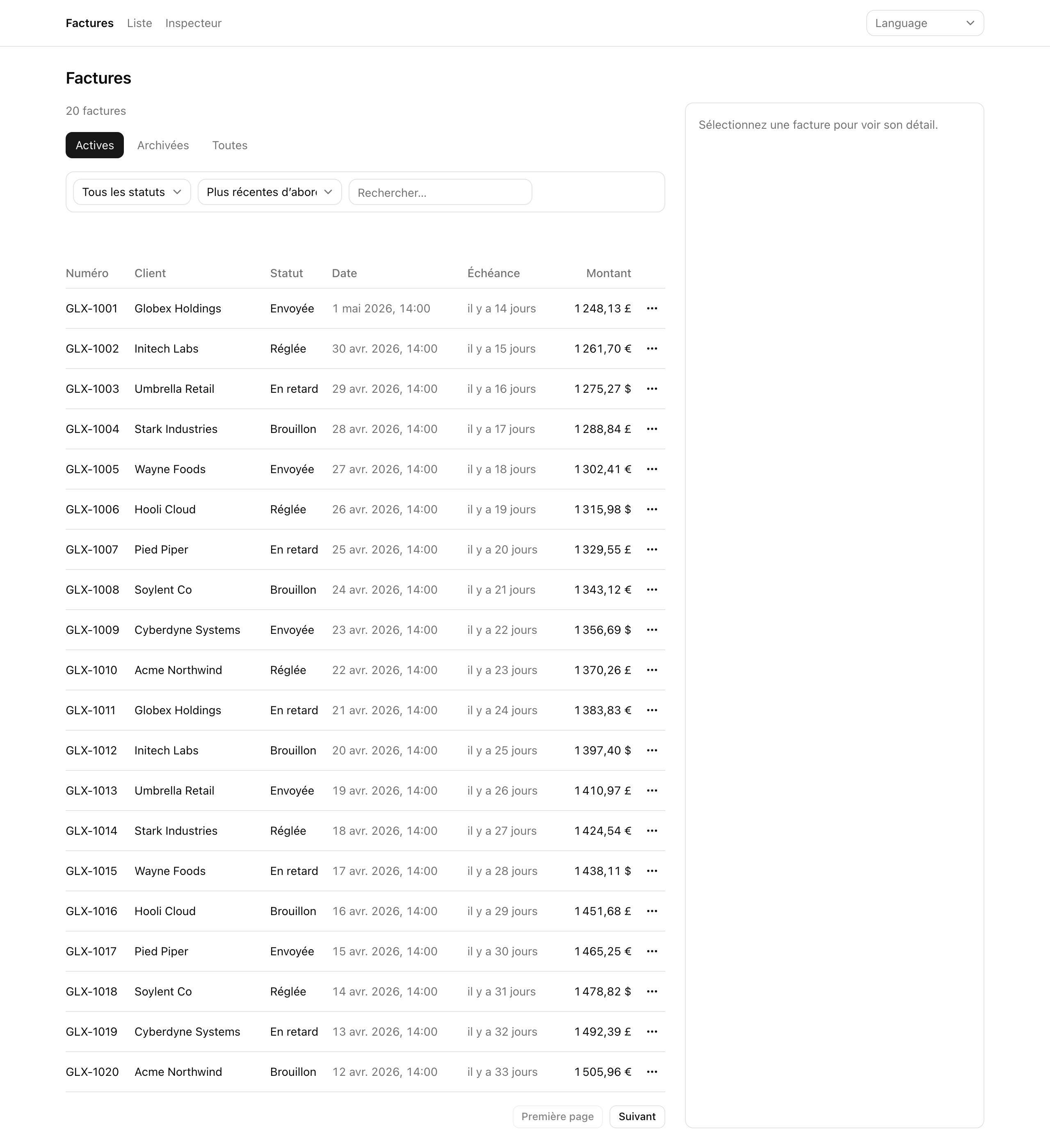 The same invoices surface in French at /fr-FR/invoices — heading 'Factures', the 'Montant' column, amounts like 1 248,13 £ and 1 261,70 € with comma decimals and NBSP thousands separators, and relative due dates such as 'il y a 14 jours'.