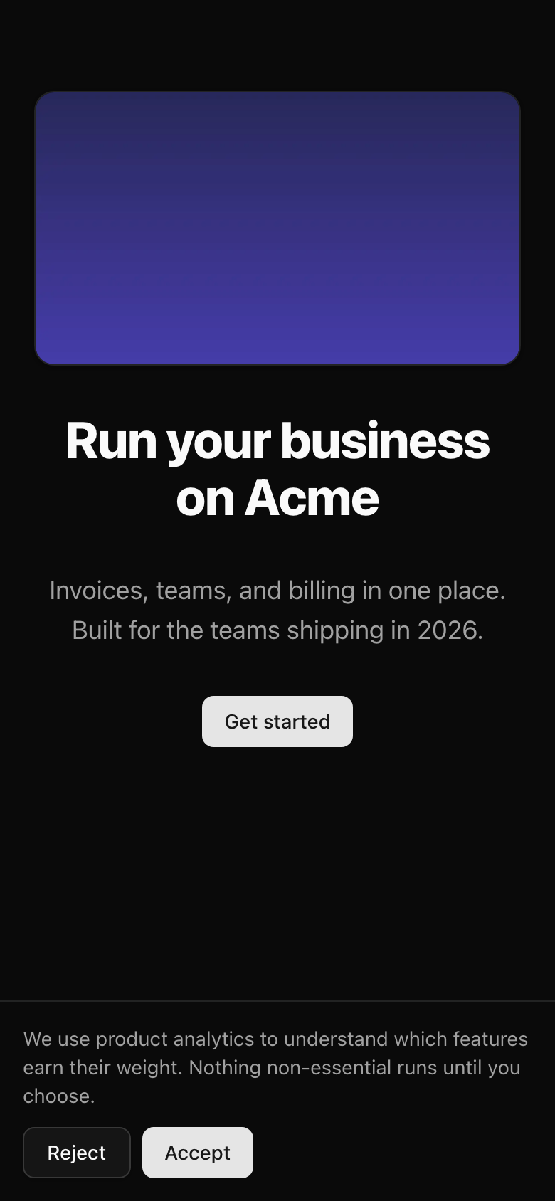 The same marketing homepage at 390px: the hero image, the headline wrapped to two lines, the subhead, and a 'Get started' button, with the cookie-consent banner pinned to the bottom — the explanatory sentence stacked above the equal-weight 'Reject' (outline) and 'Accept' (solid) buttons.